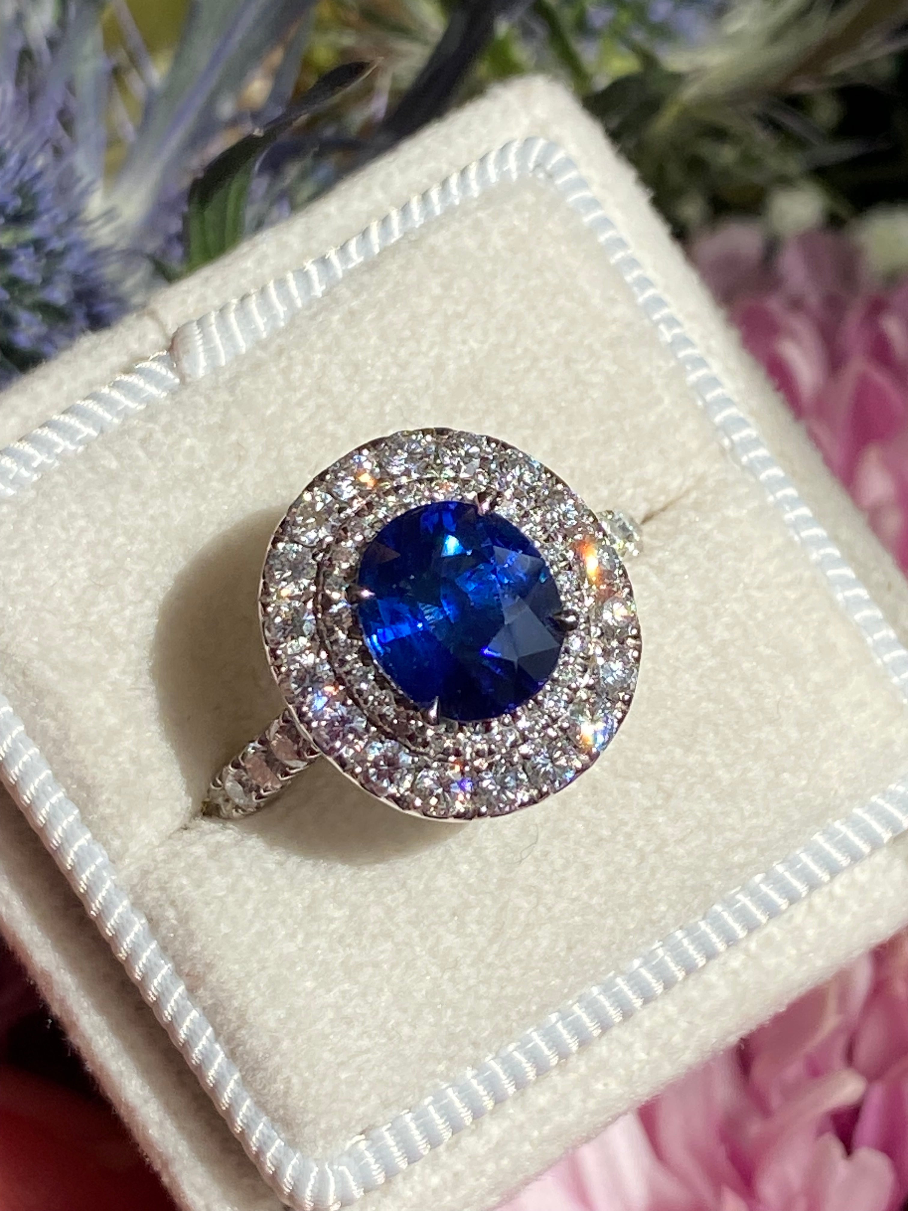2.21 Carat Blue Ceylon Sapphire and 1.04 CTW Natural Diamond Halo Ring in Platinum