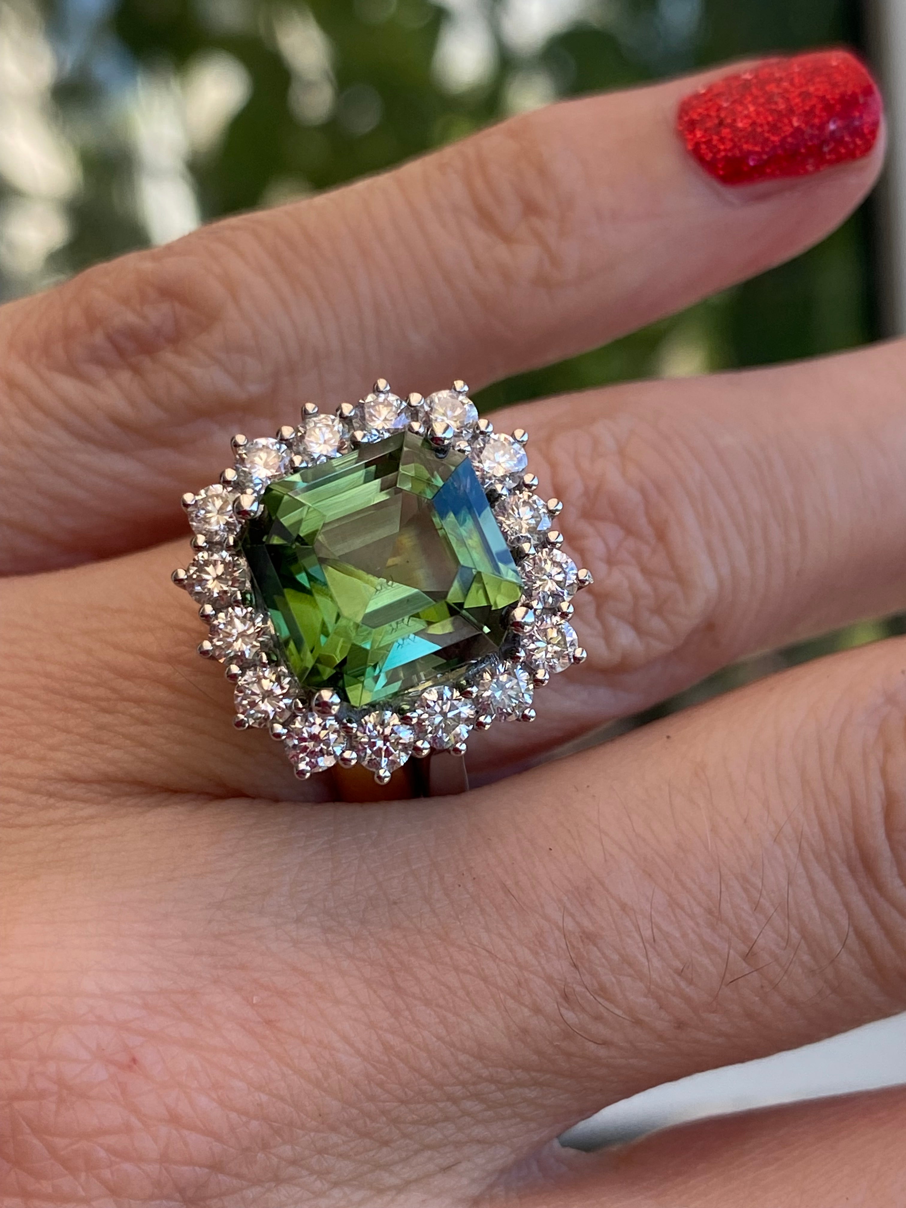 8.44 Carat Asscher Cut Green Tourmaline and 1.38ctw Natural Diamond Ring in Platinum
