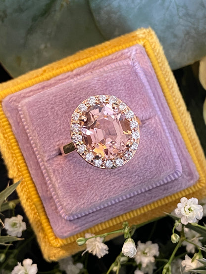 6.00 Carat Oval-Cut Pink Tourmaline and Diamond Halo Ring in 18ct Rose Gold