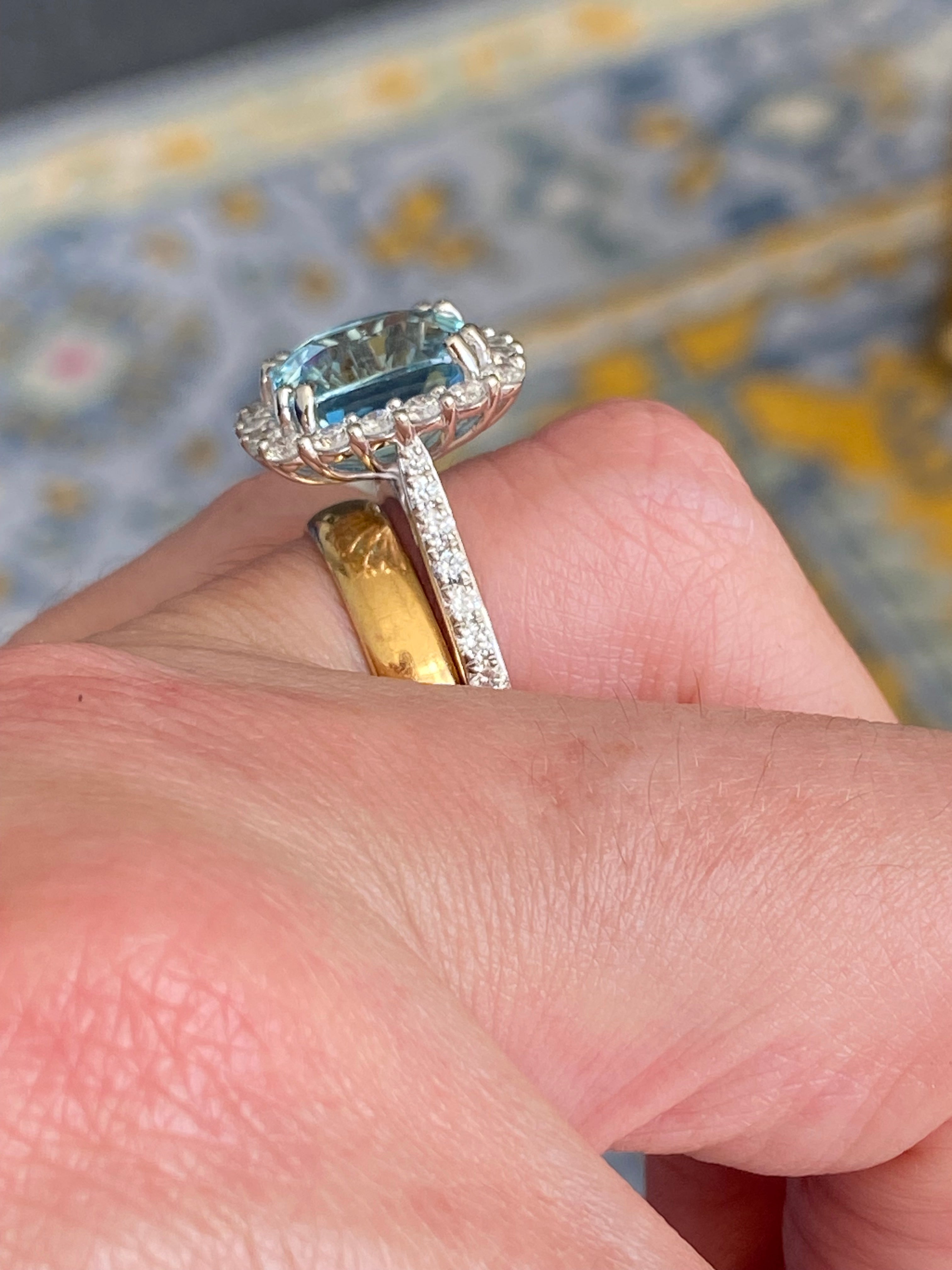 5.69 CTW Cushion Cut Aquamarine and Diamond Engagement Ring in Platinum