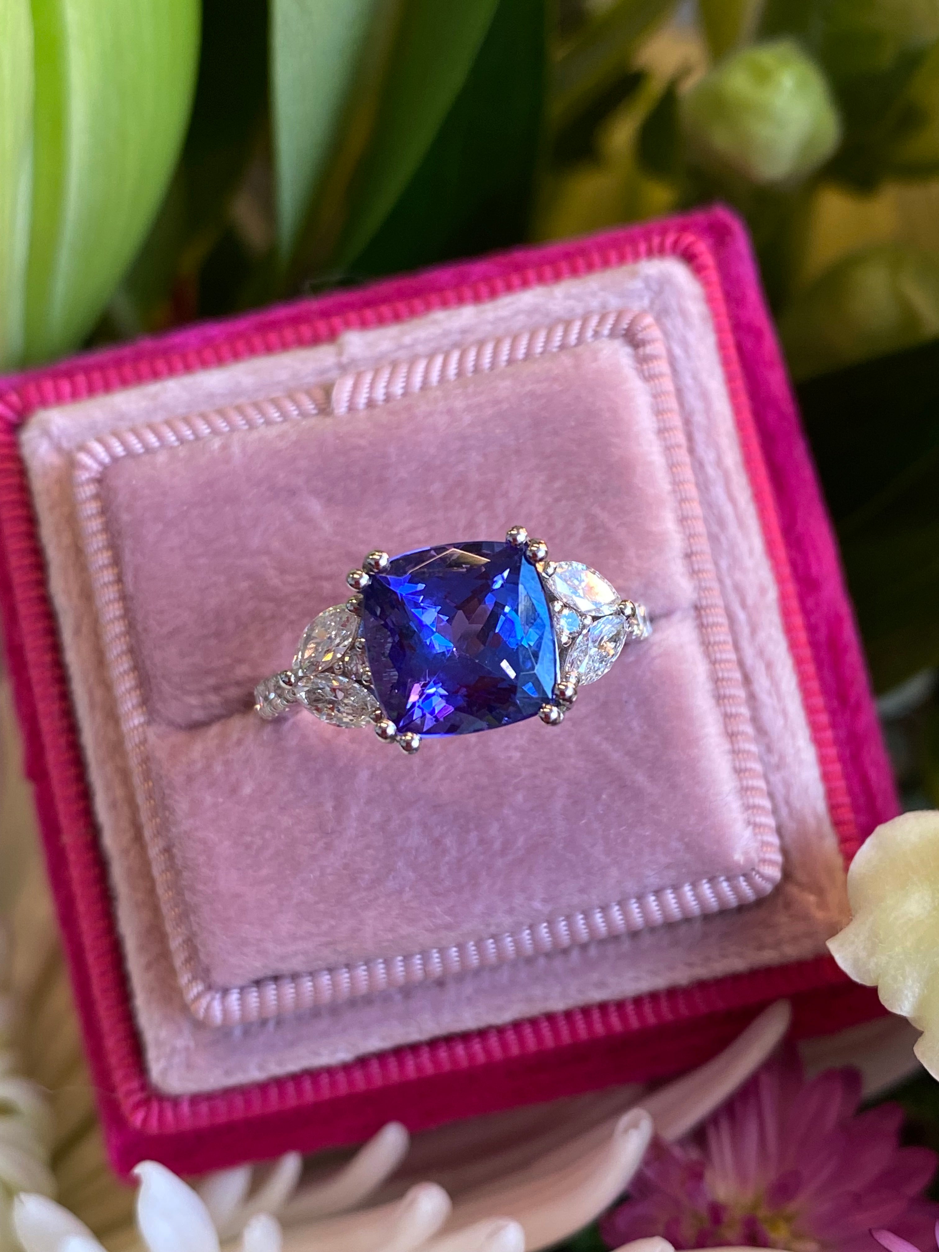 3.76 CTW Cushion Cut Tanzanite and Diamond Ring in Platinum