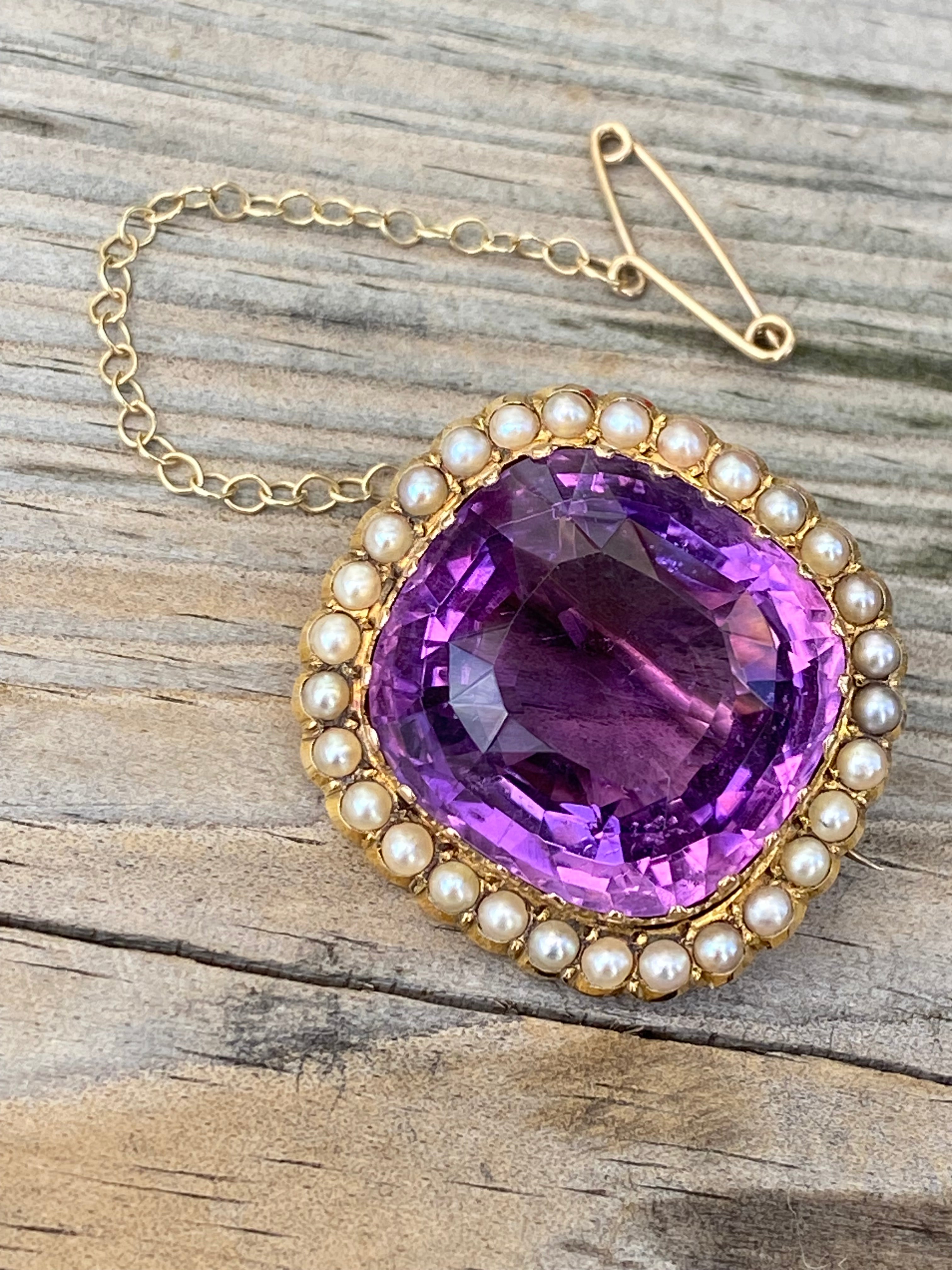 Antique 30.00ct Amethyst and Seed Pearl Brooch in 18ct Yellow Gold