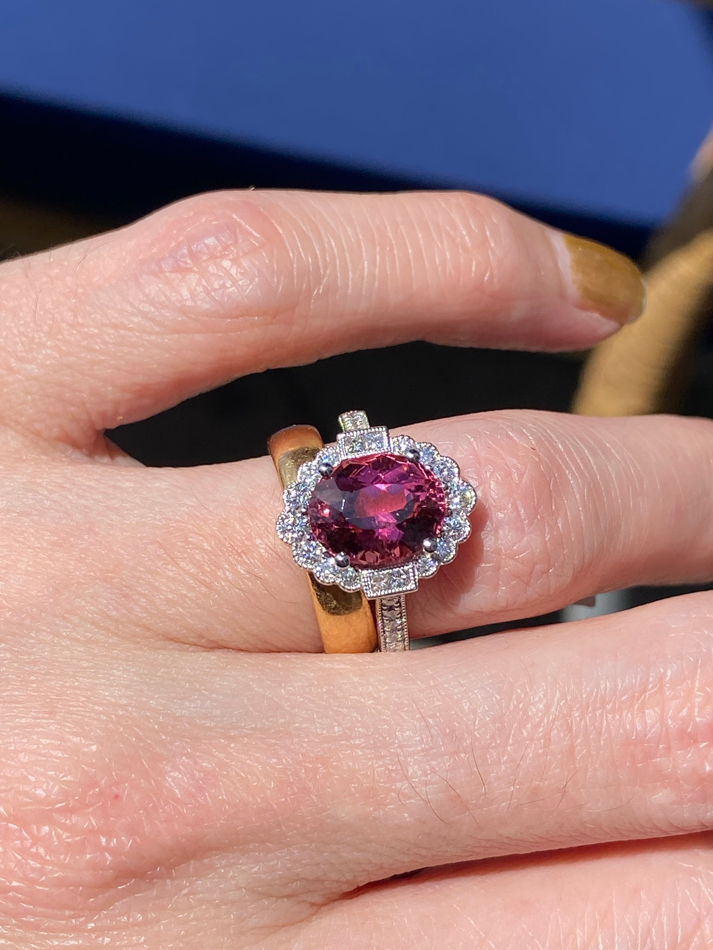 3.13 Carat Oval Cut Pink Tourmaline and Natural Diamond Ring in Platinum
