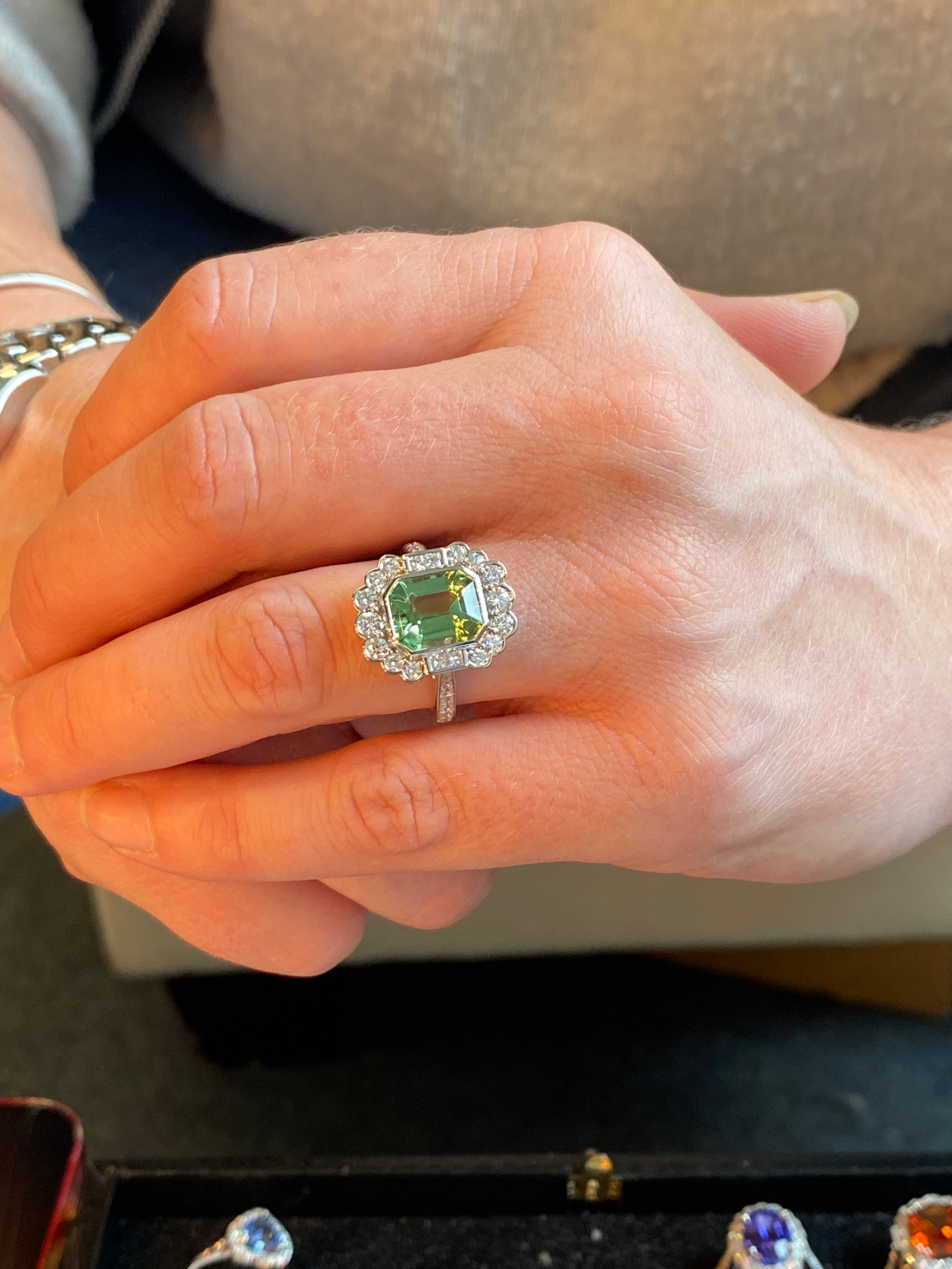 4.01 CTW Emerald Cut Mint Tourmaline and Natural Diamond Ring in Platinum