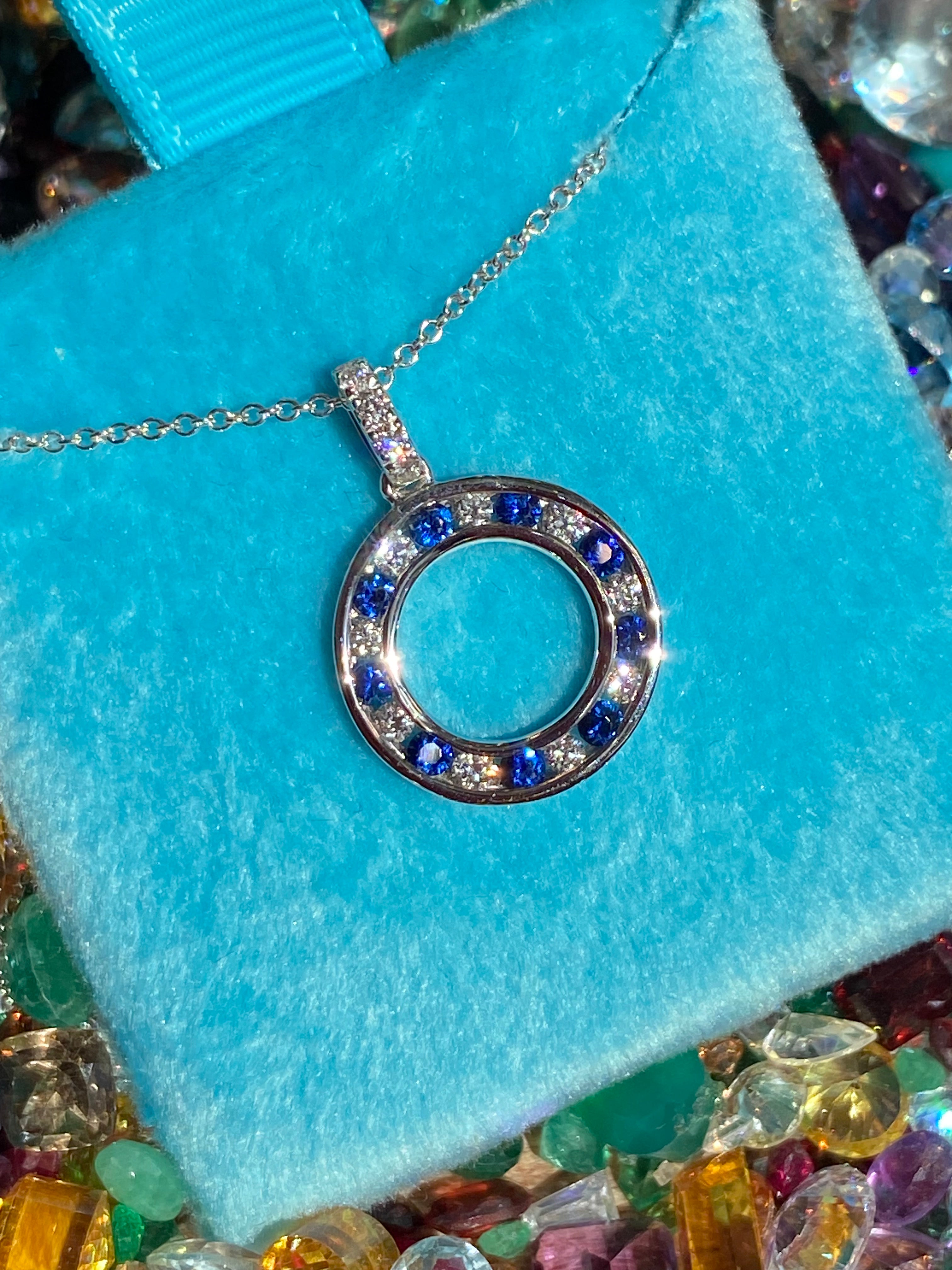 Beautiful Sapphire and Natural Diamond Pendant Necklace in 18ct White Gold