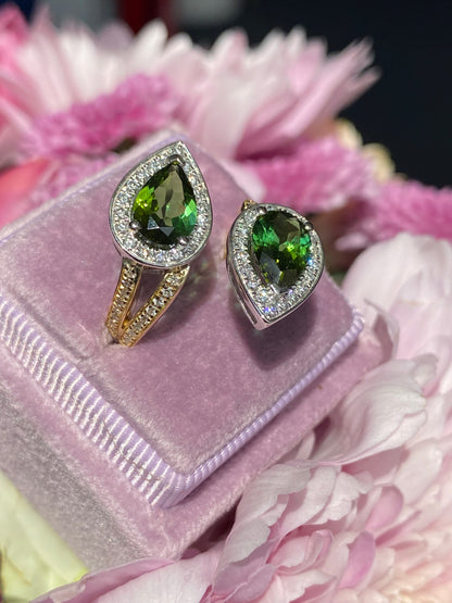 2.60 Carat Green Tourmaline and Diamond Bypass Ring in Platinum and 18ct Yellow Gold