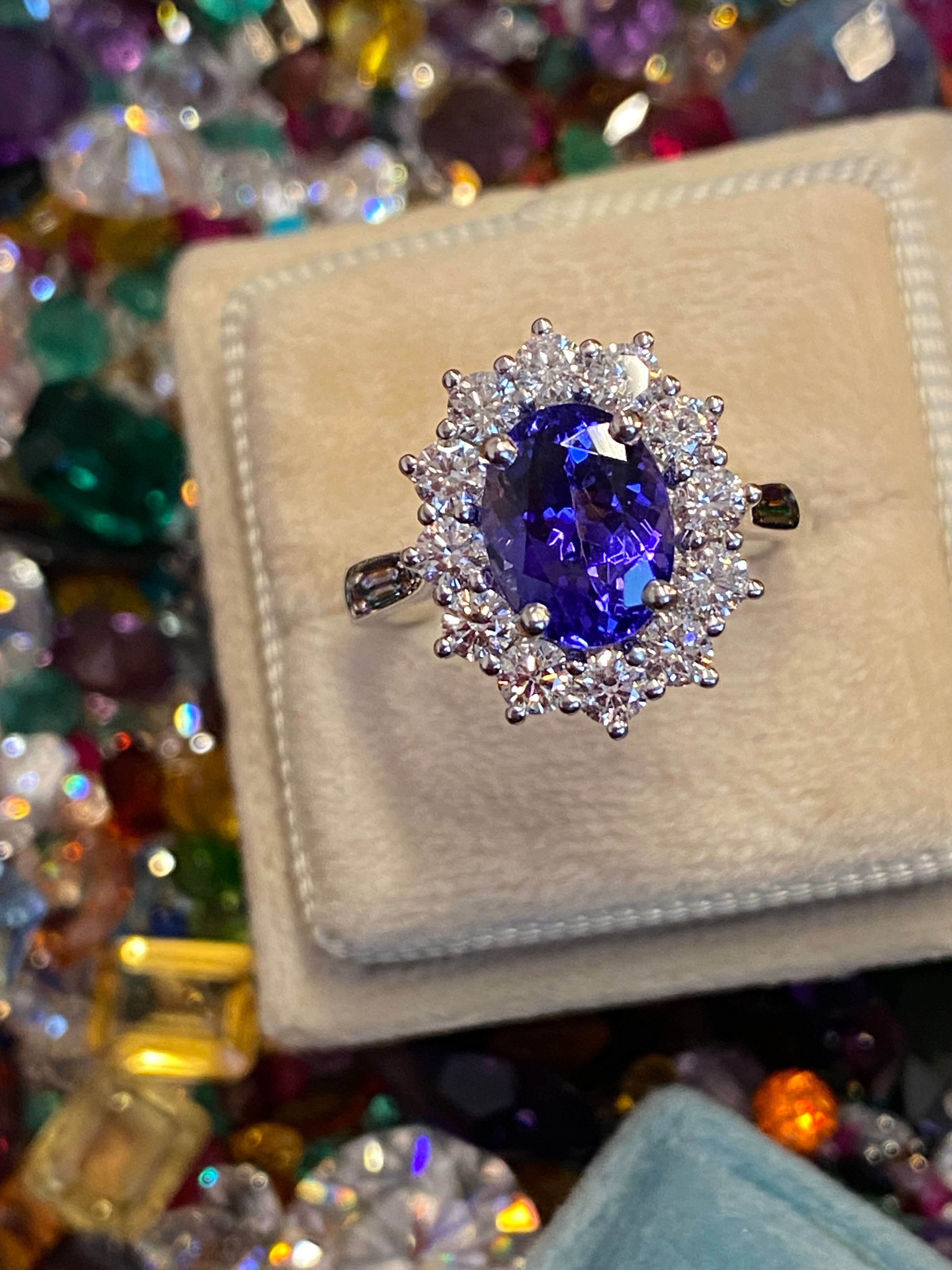 2.37 Carat Oval Cut Tanzanite and 0.93 ctw Natural Diamond Ring in Platinum