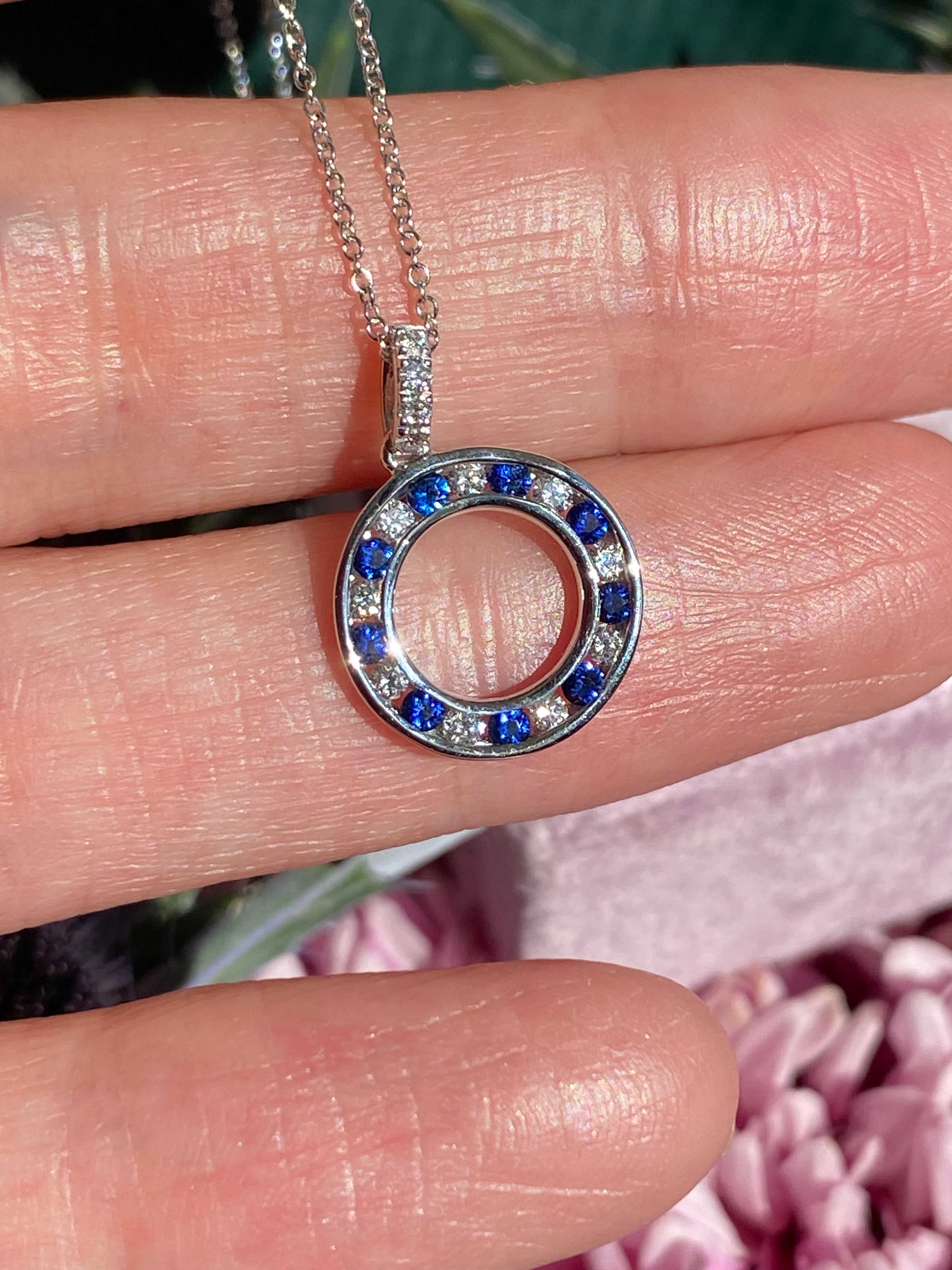 Beautiful Sapphire and Natural Diamond Pendant Necklace in 18ct White Gold