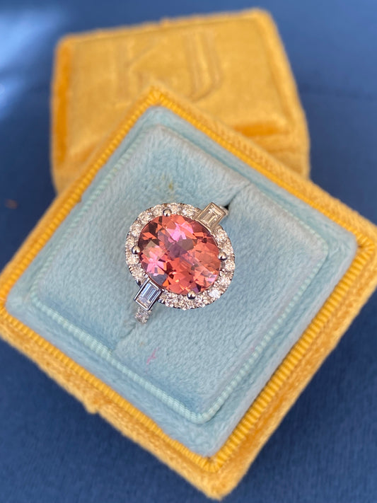 3.47 Carat Chequerboard Cut Pink Tourmaline and Natural Diamond Ring in Platinum