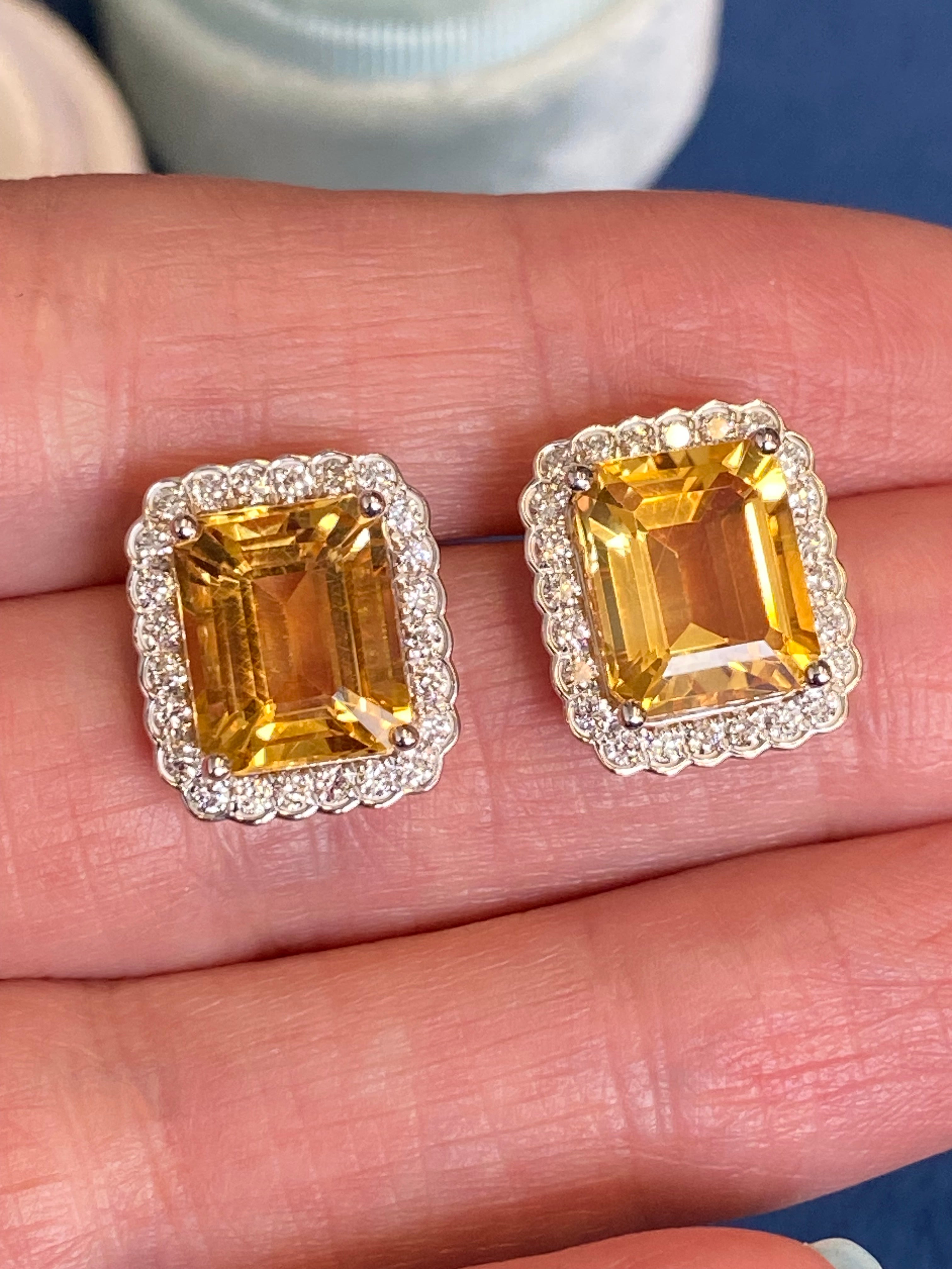 9.31ctw Citrine and Natural Diamond Stud Earrings in 9ct White Gold