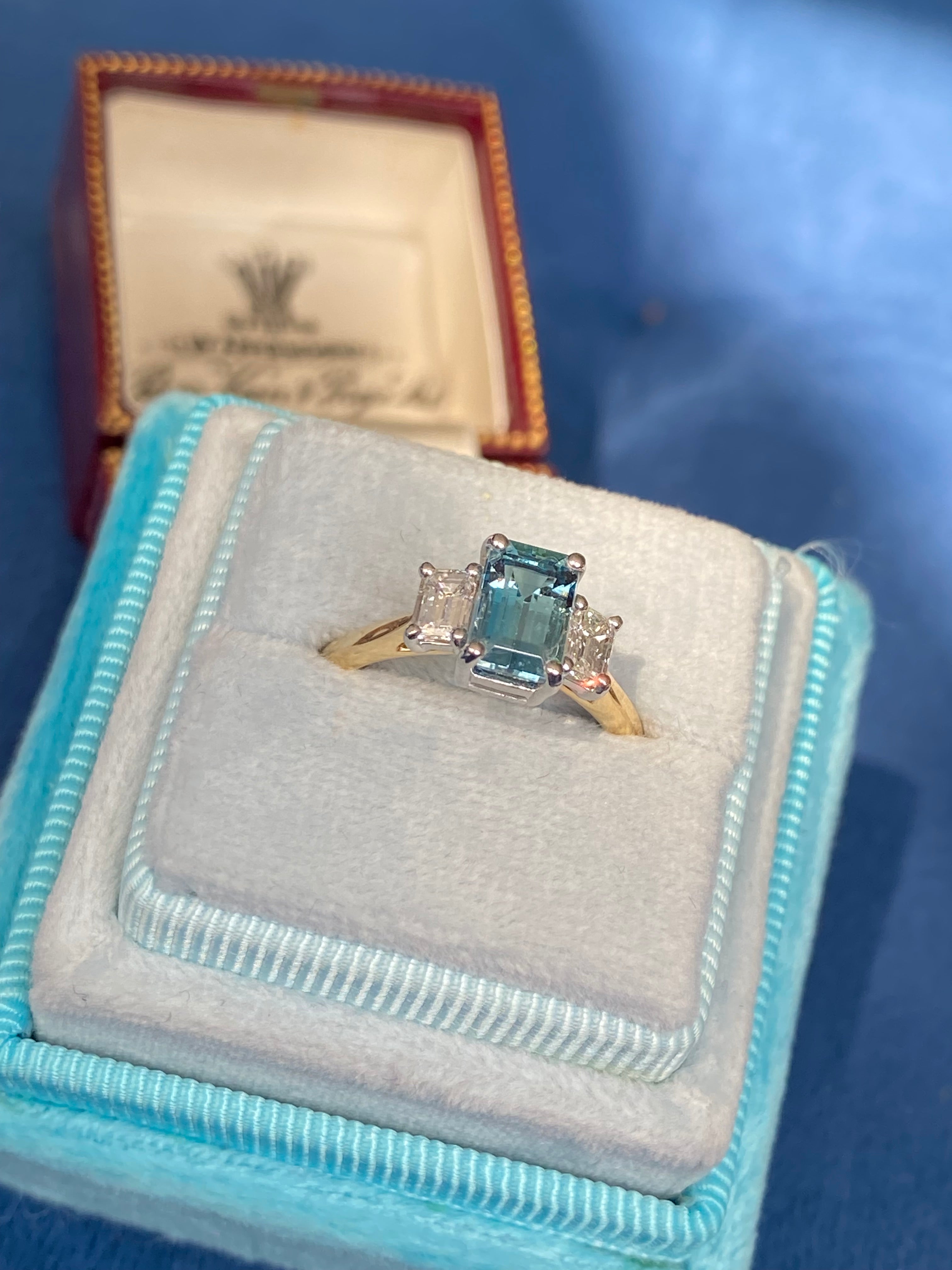 1.73 CTW Aquamarine and Natural Diamond Three Stone Ring in Platinum and 18ct Yellow Gold