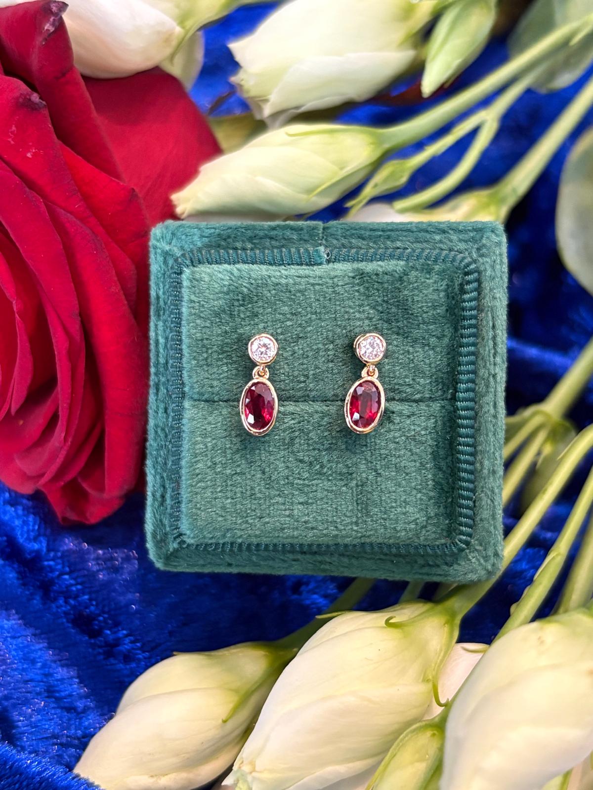 Beautiful Ruby and Diamond Stud Drop Earrings in 18ct Yellow Gold