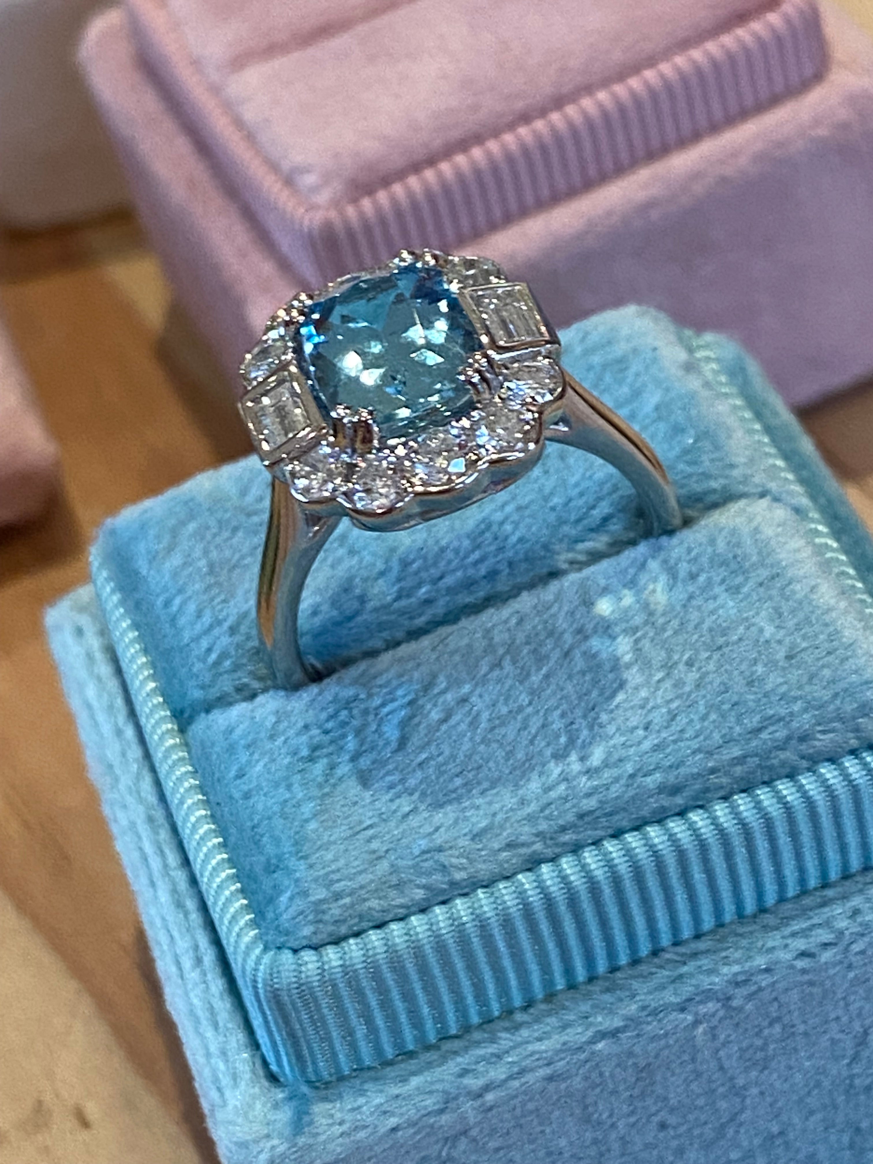 2.86 CTW Cushion Cut Aquamarine and Diamond Engagement Ring in Platinum