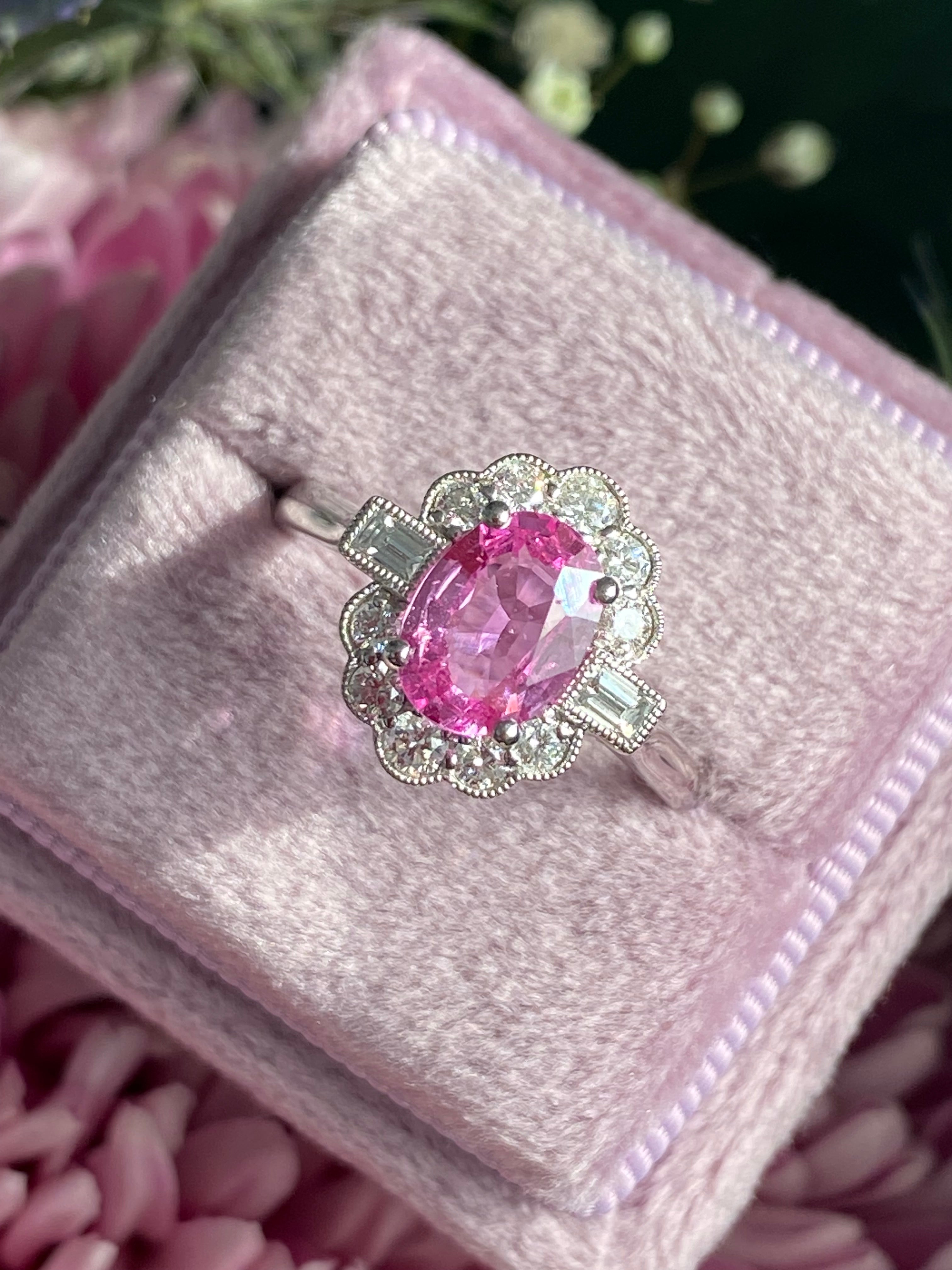 1.76 CTW Pink Sapphire and Diamond Art Deco Style Ring in Platinum