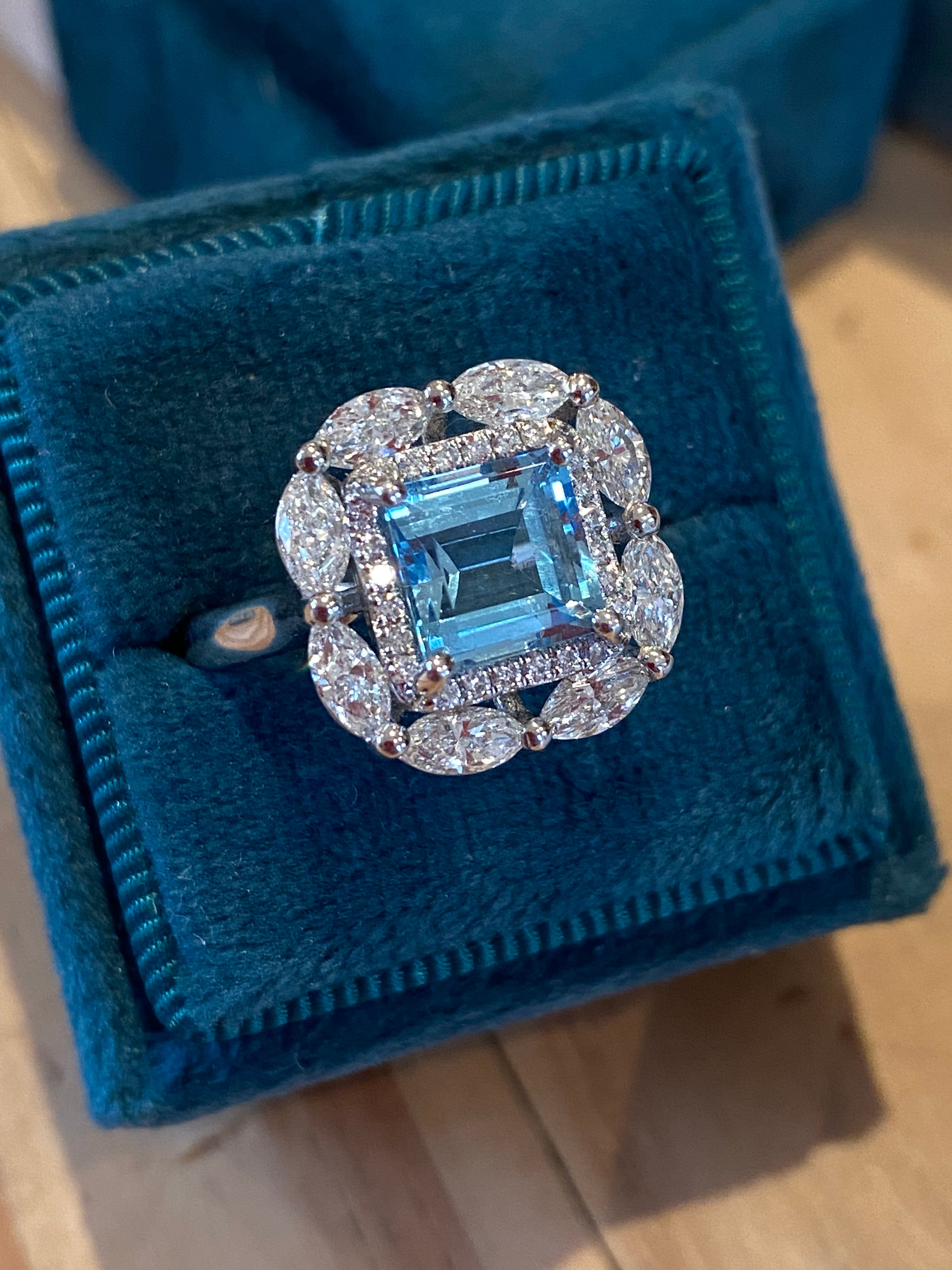 1.60 Carat Aquamarine and 1.18 ctw Natural Diamond Ring in Platinum