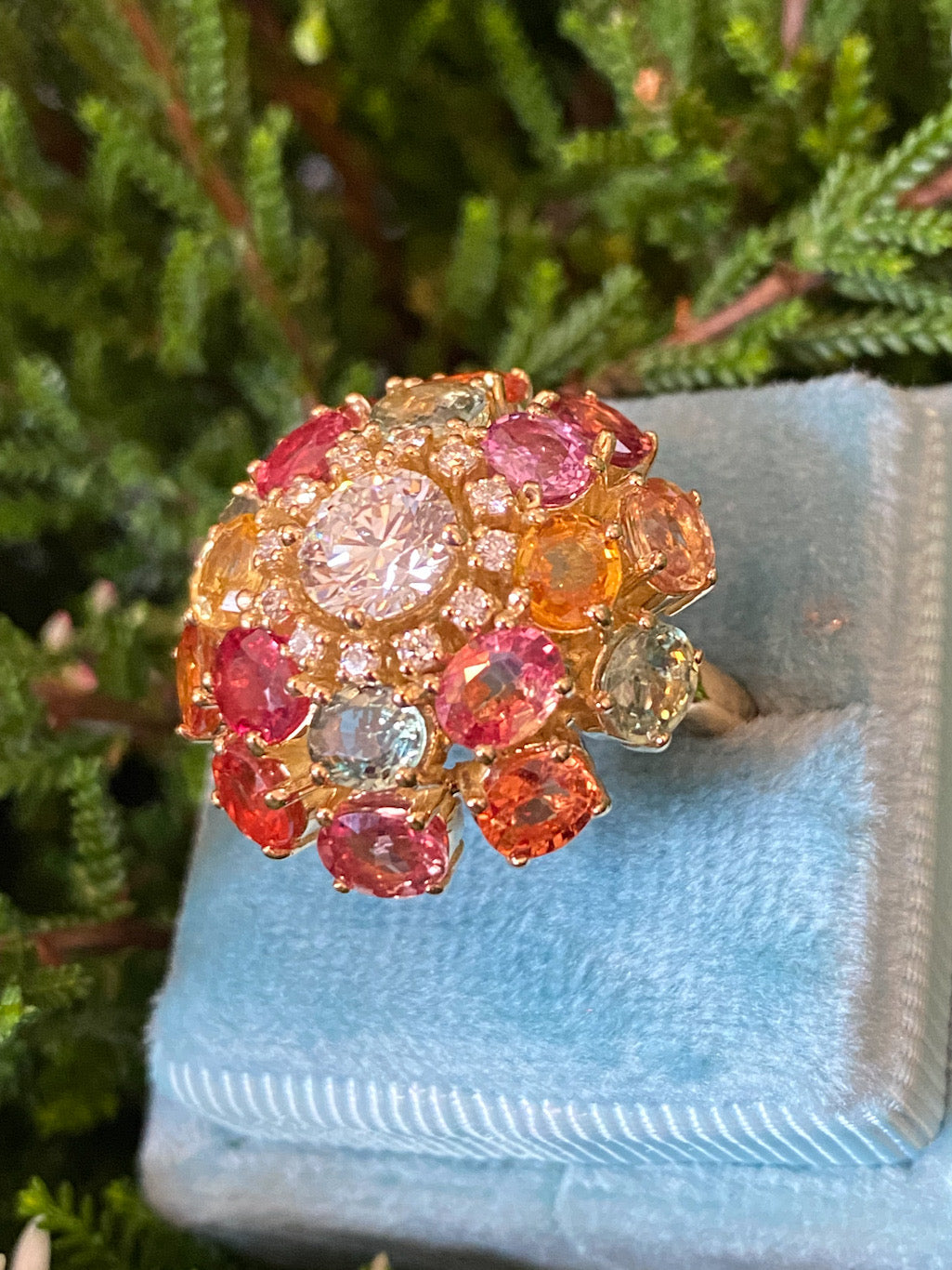 8.08 CTW Natural Diamond and Sapphire Bombe Cluster Ring in 18ct Yellow Gold