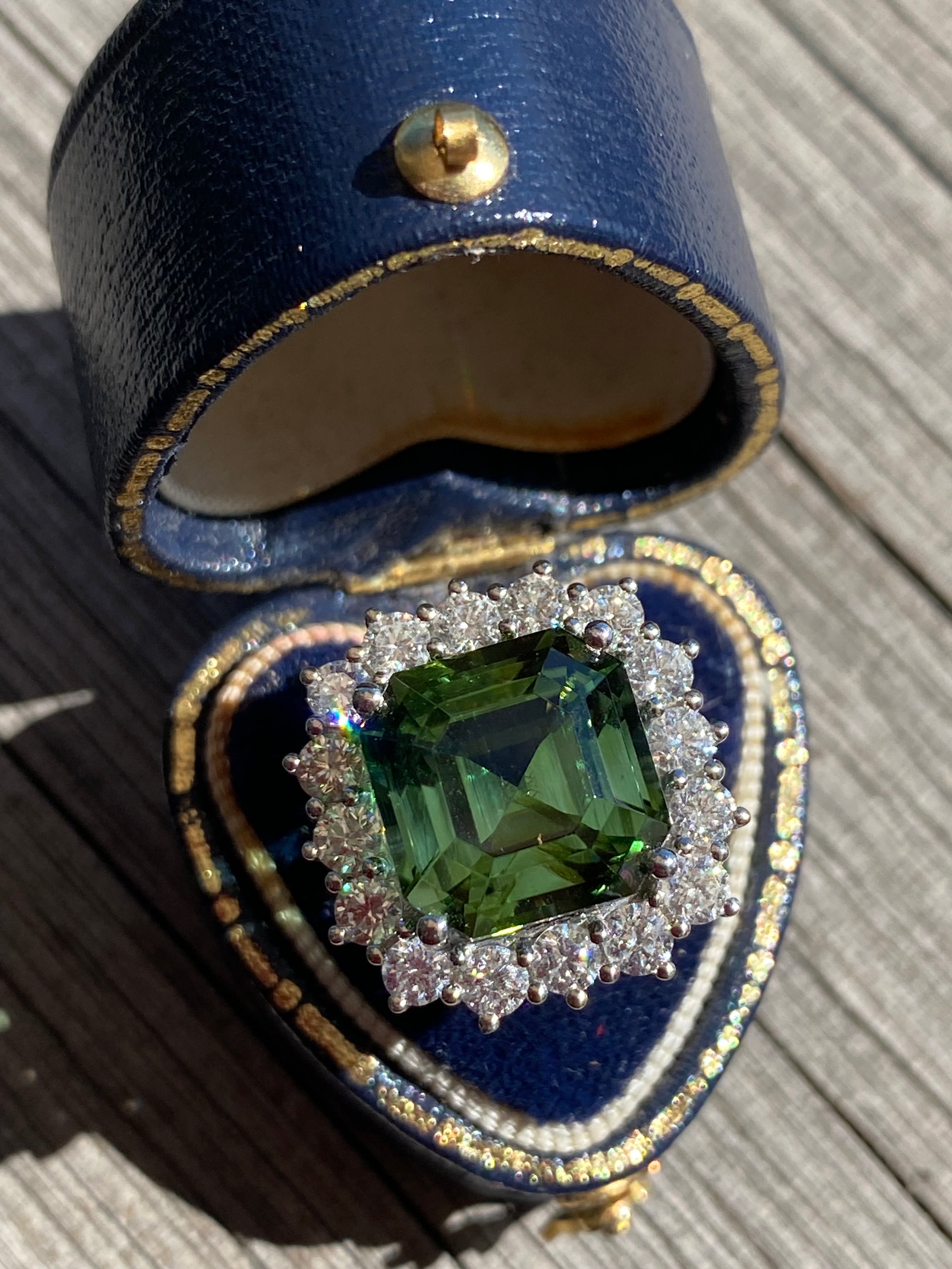 8.44 Carat Asscher Cut Green Tourmaline and 1.38ctw Natural Diamond Ring in Platinum