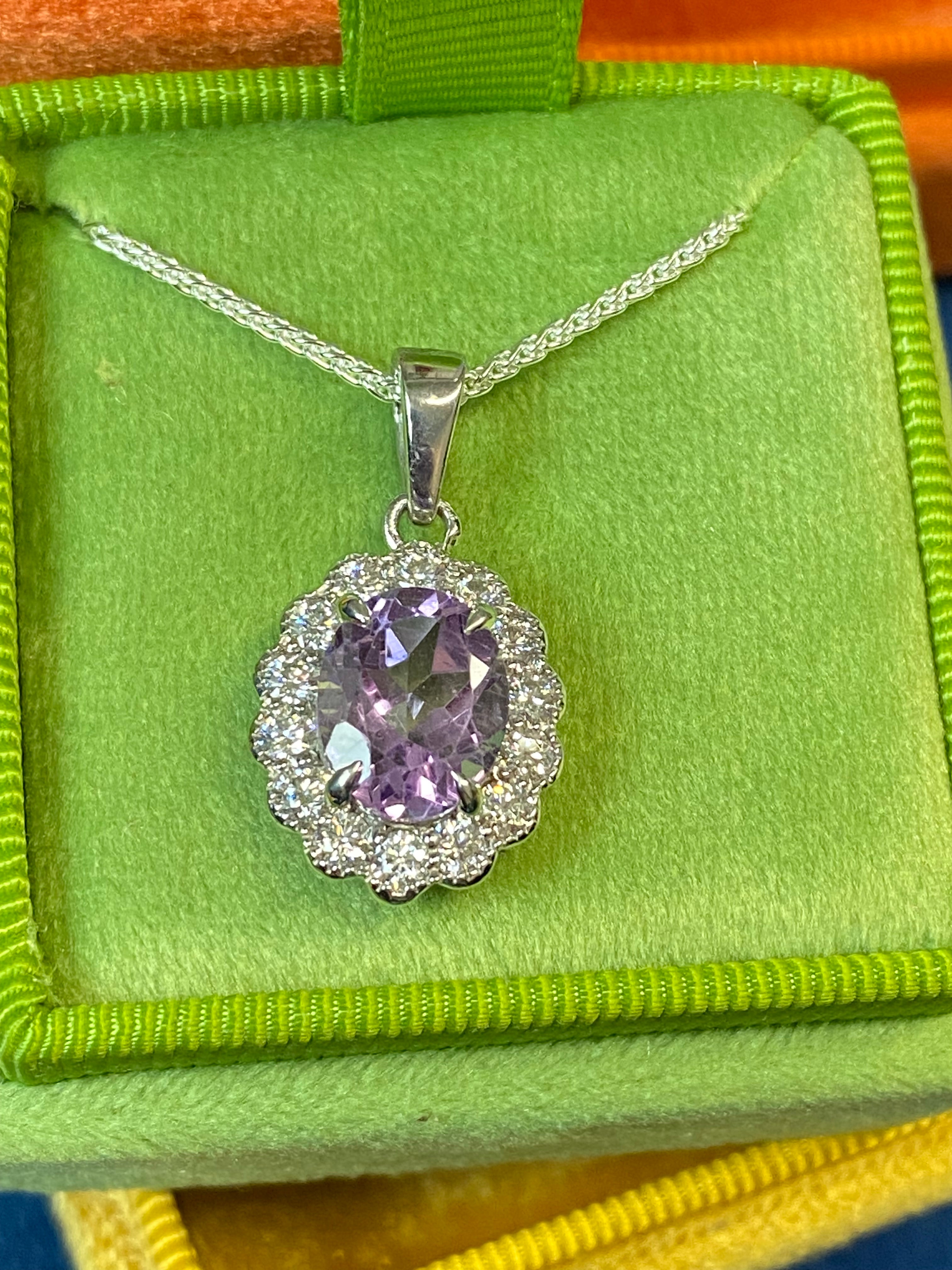 5.00 CTW Rose De France Amethyst and Moissanite Halo Pendant Necklace in Sterling Silver