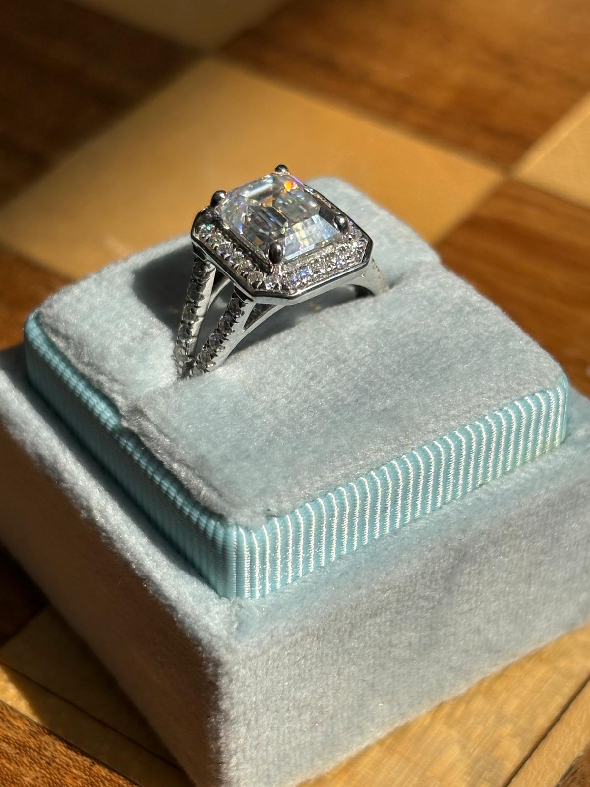 3.10 CTW Emerald Cut Moissanite Halo Ring in Sterling Silver