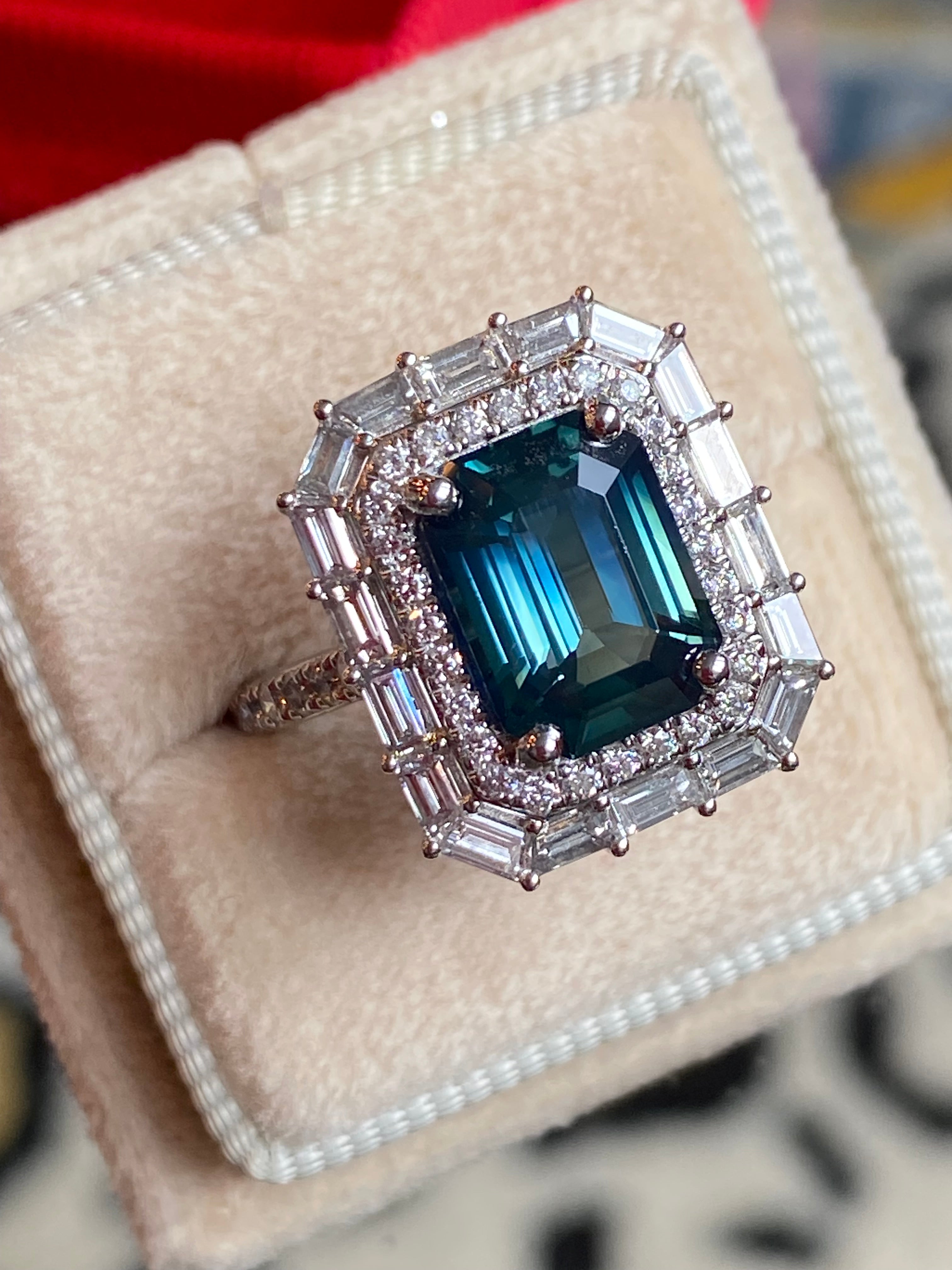 5.34 CTW Ceylon Teal Sapphire and Natural Diamond Ring in Platinum