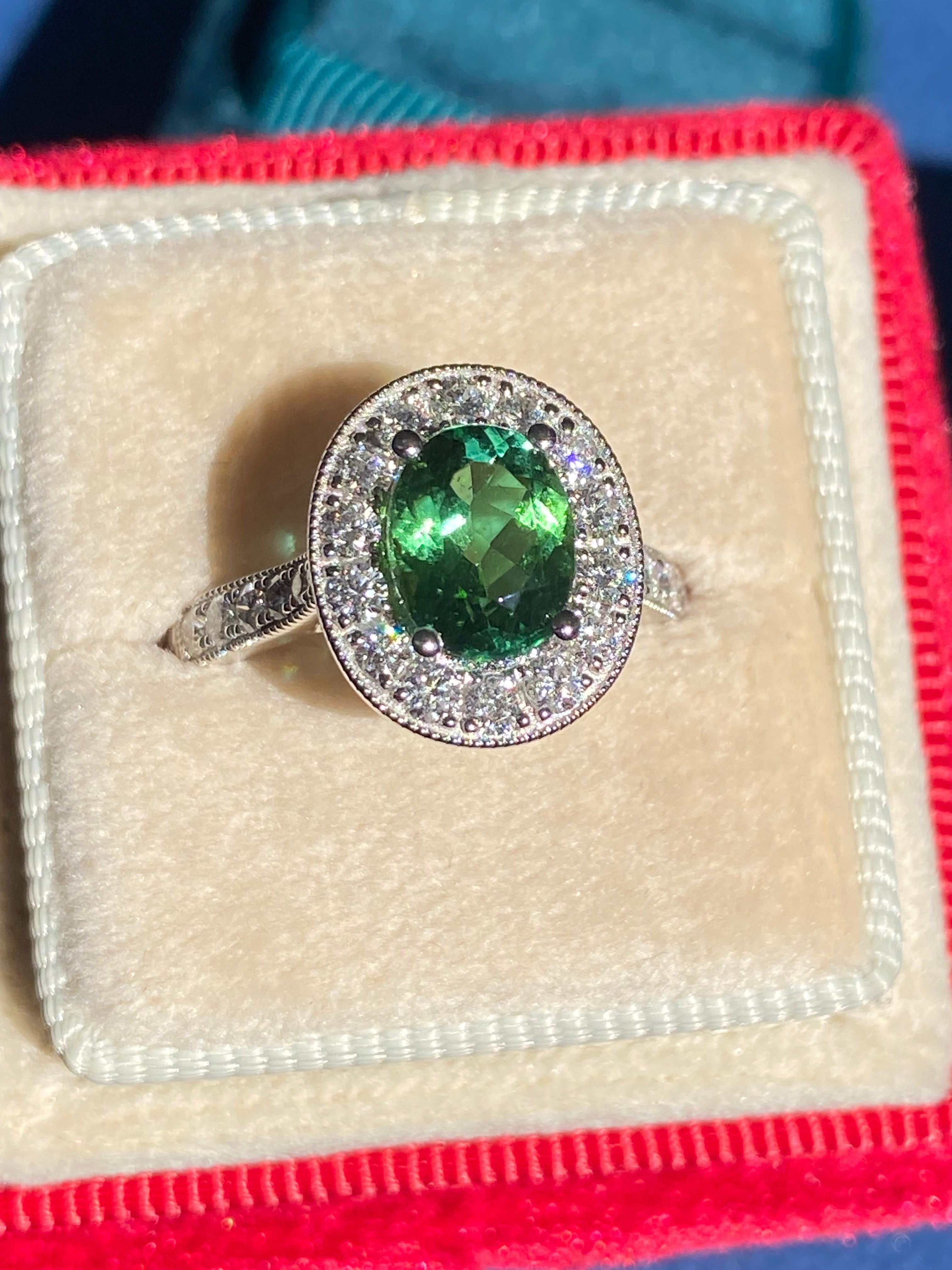 1.66 Carat Oval Cut Mint Tourmaline and 0.66 CTW Natural Diamond Ring in Platinum