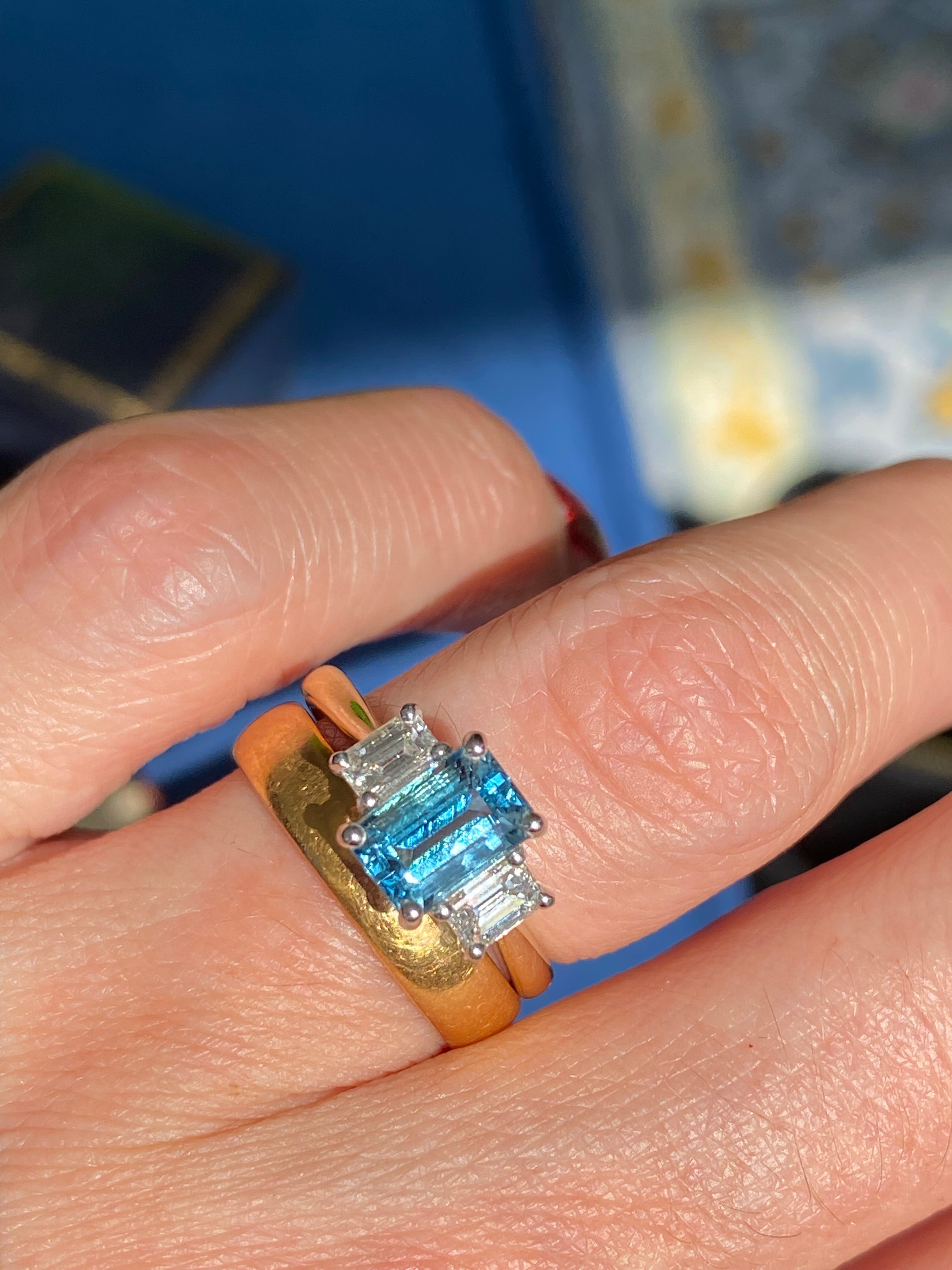 1.73 CTW Aquamarine and Natural Diamond Three Stone Ring in Platinum and 18ct Yellow Gold