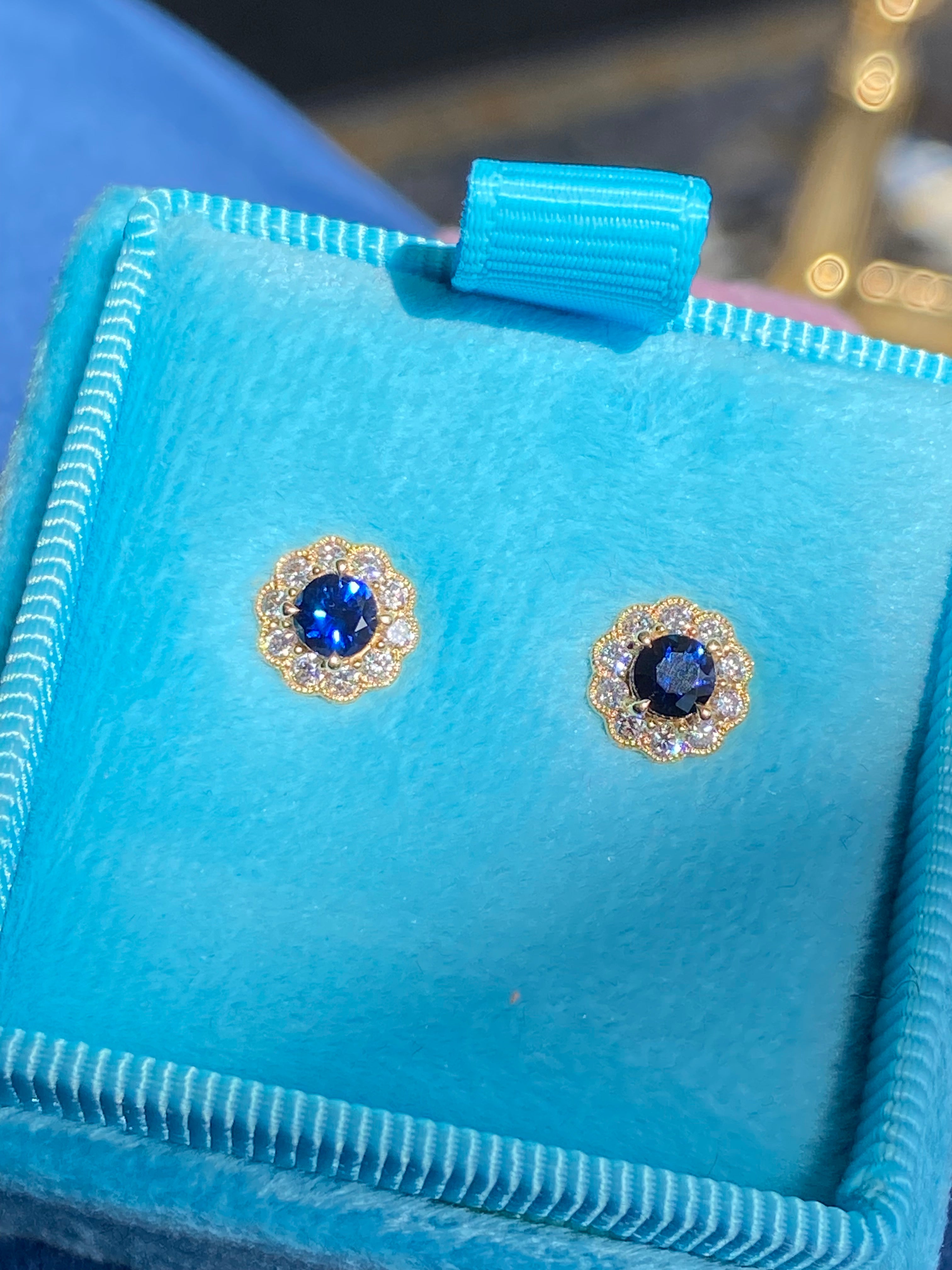 Sapphire and Natural Diamond Halo Stud Earrings in 18ct Yellow Gold