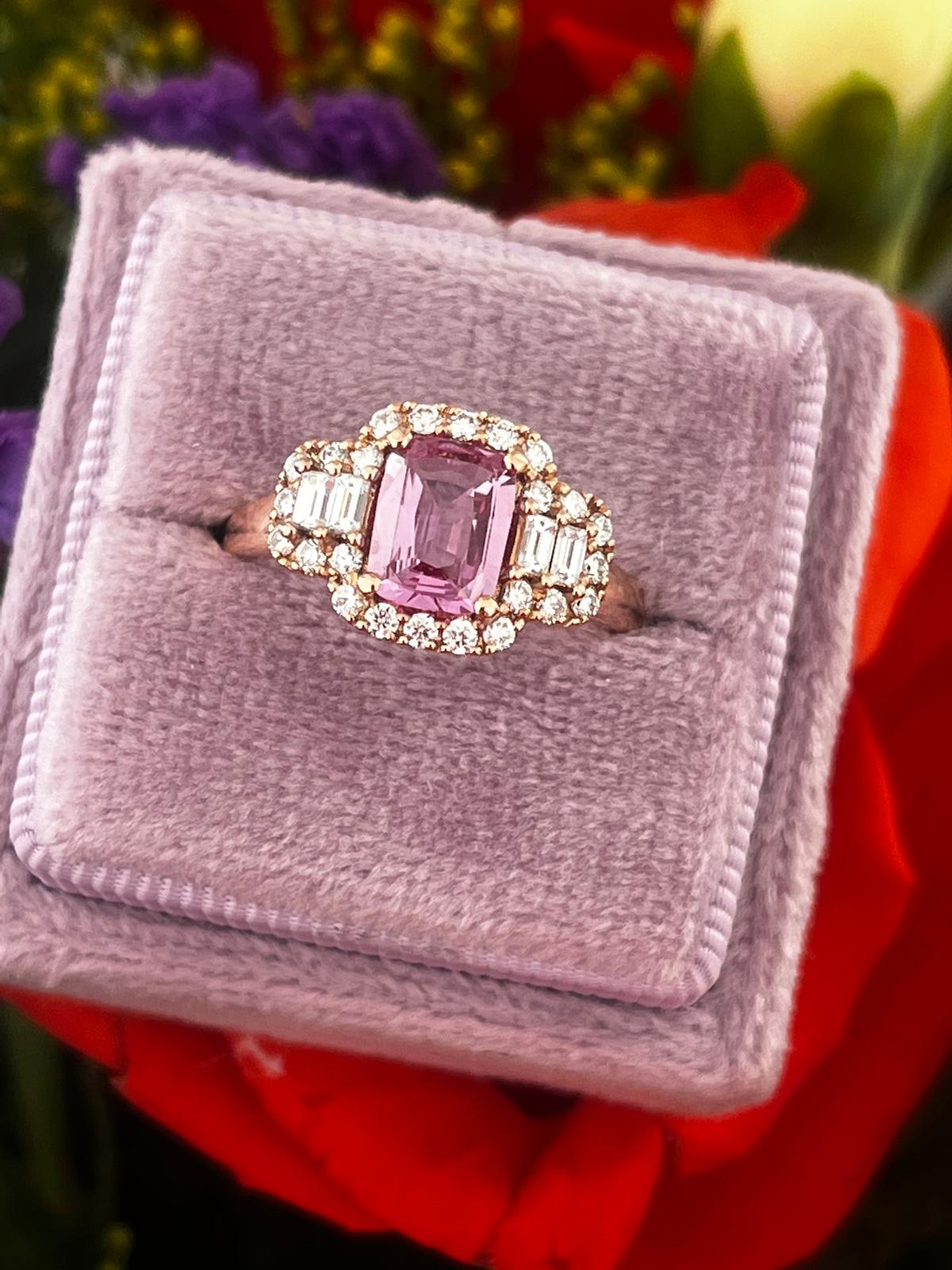 1.52 CTW Cushion Cut Pink Sapphire and Natural Diamond Halo Engagement Ring in 18ct Rose Gold