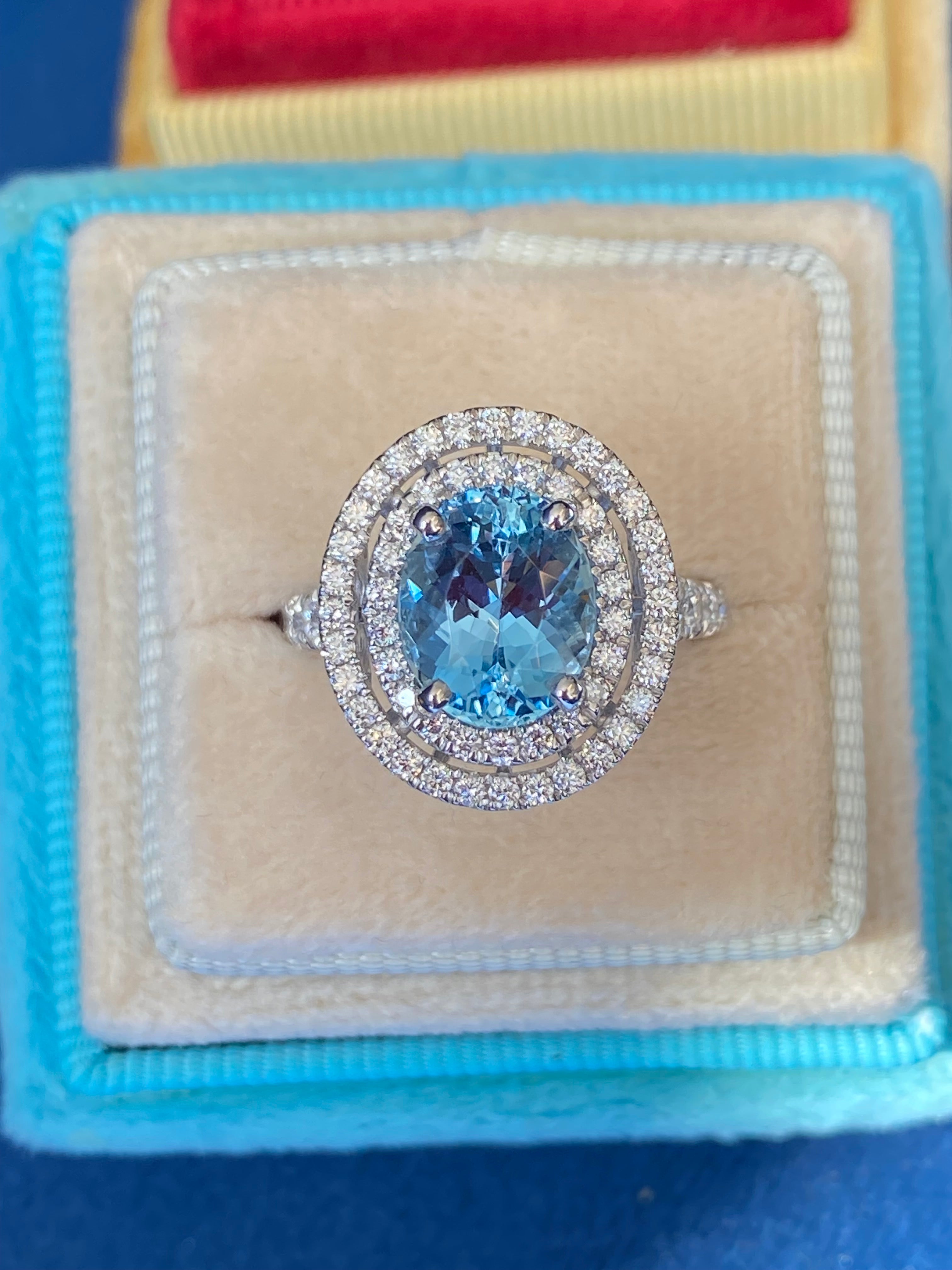 3.23 CTW Oval Cut Aquamarine and Natural Diamond Double Halo Engagement Ring in Platinum