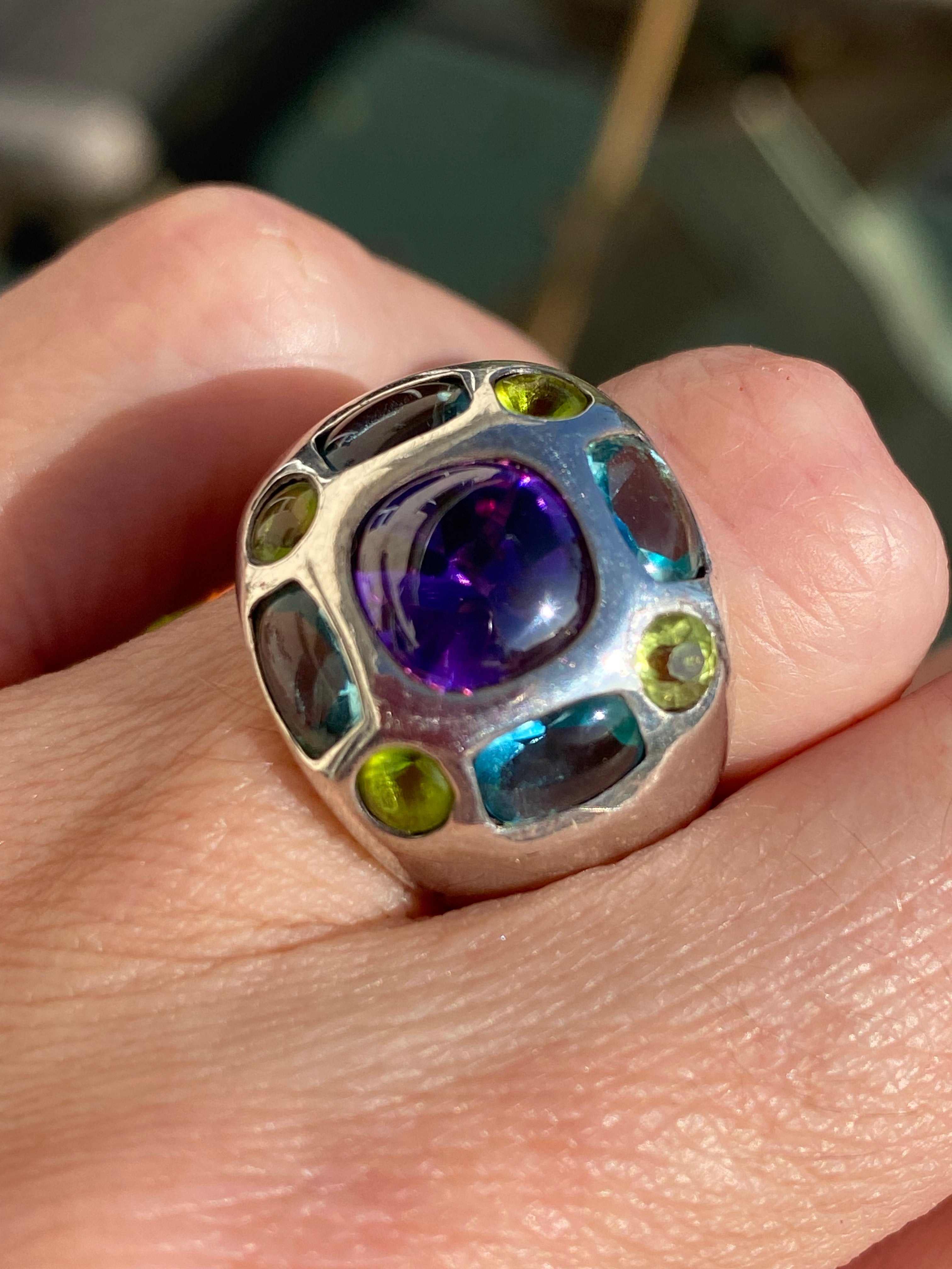 Beautiful Vintage Amethyst, Peridot and Blue Topaz Ring in Sterling Silver