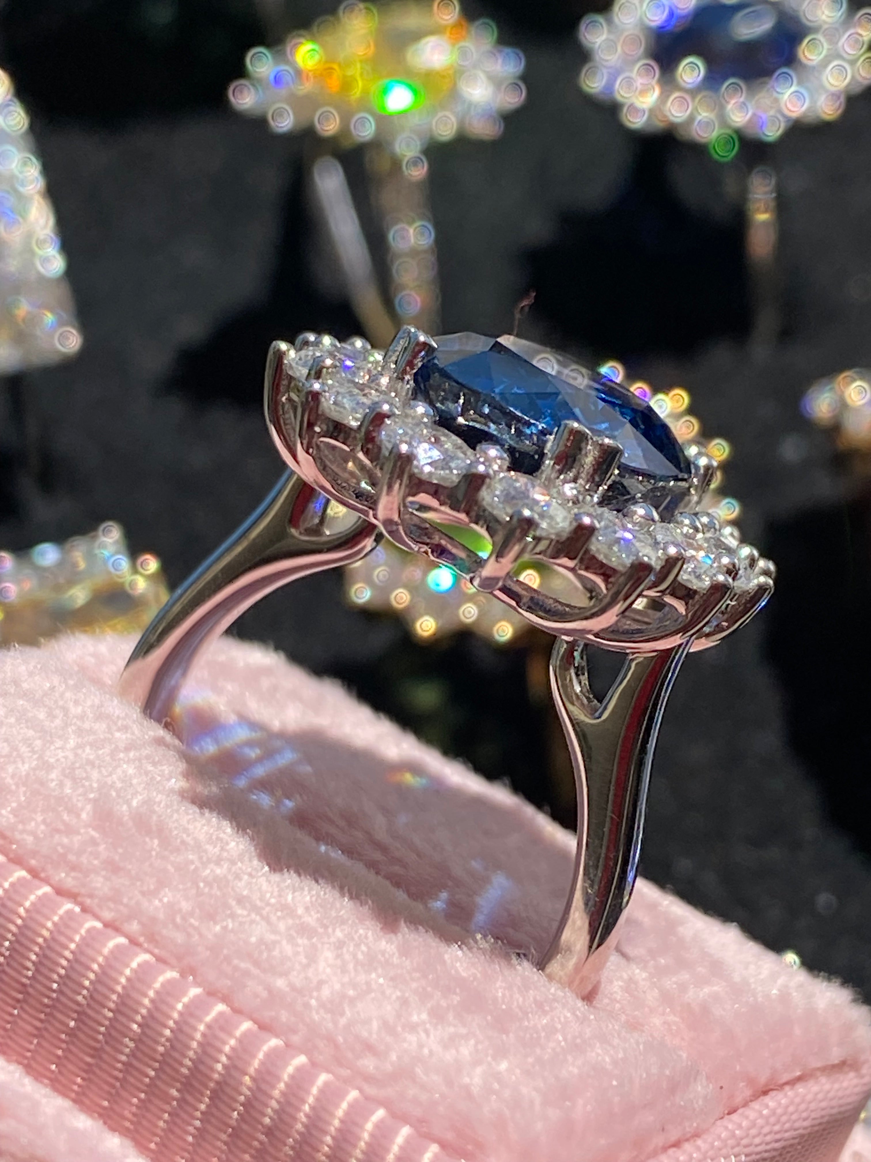 6.37 Carat Gubelin Certed No Heat Blue Ceylon Sapphire and 1.80 CTW Natural Diamond Halo Ring in Platinum