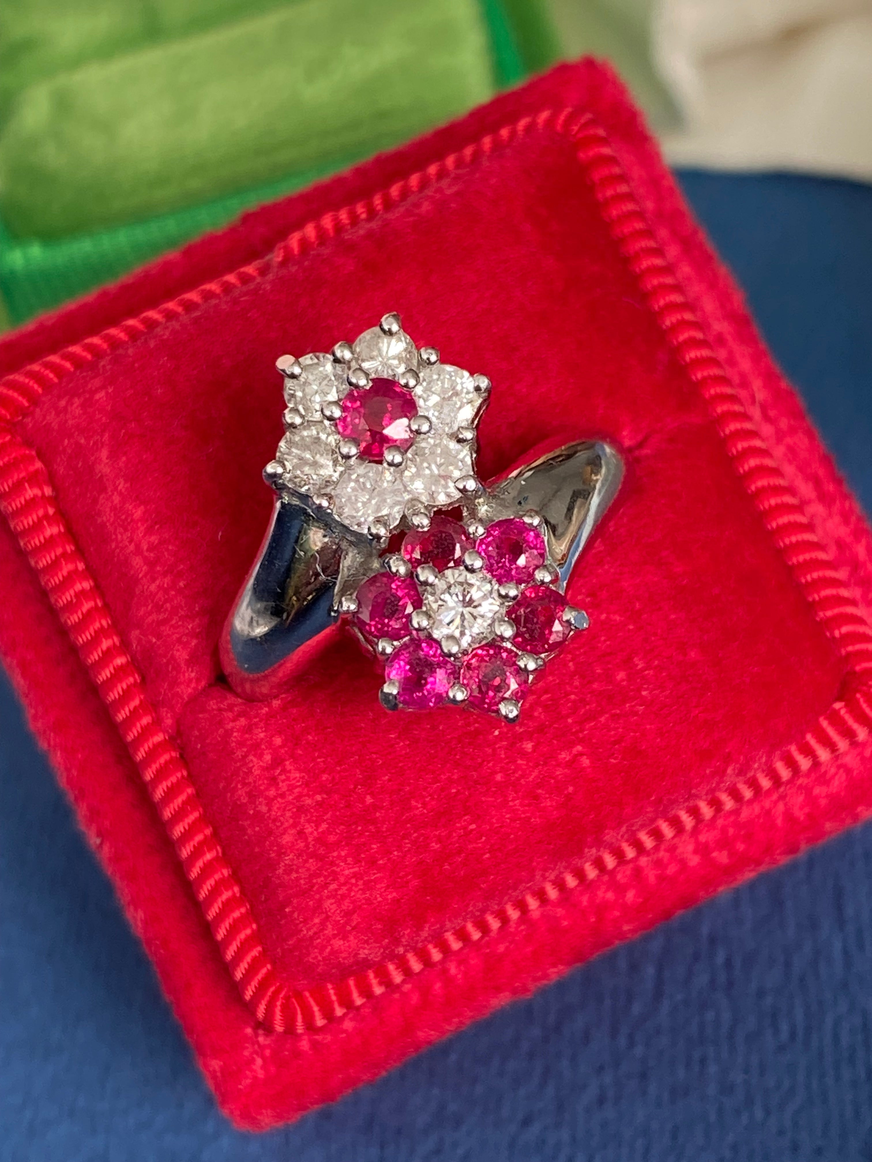 1.21 CTW Ruby and Natural Diamond Double Daisy Halo Ring in Platinum