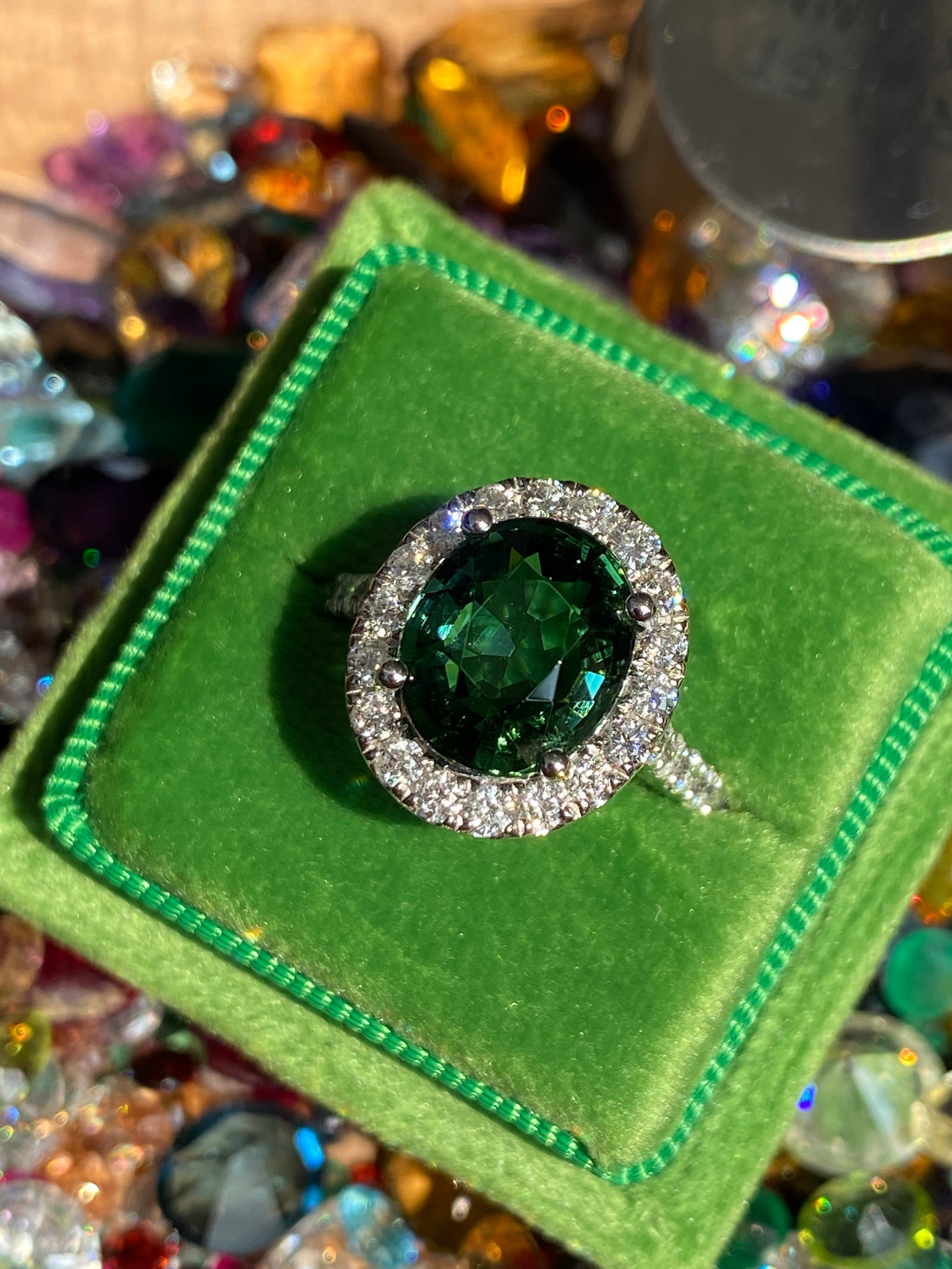 5.45 CTW Green Tourmaline and Natural Diamond Halo Ring in Platinum