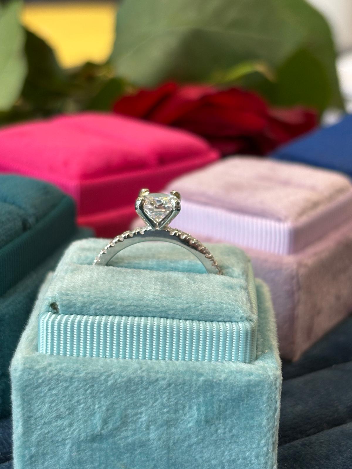 Round Cut Solitaire Moissanite Halo Engagement and Wedding / Eternity Ring Set in Sterling Silver