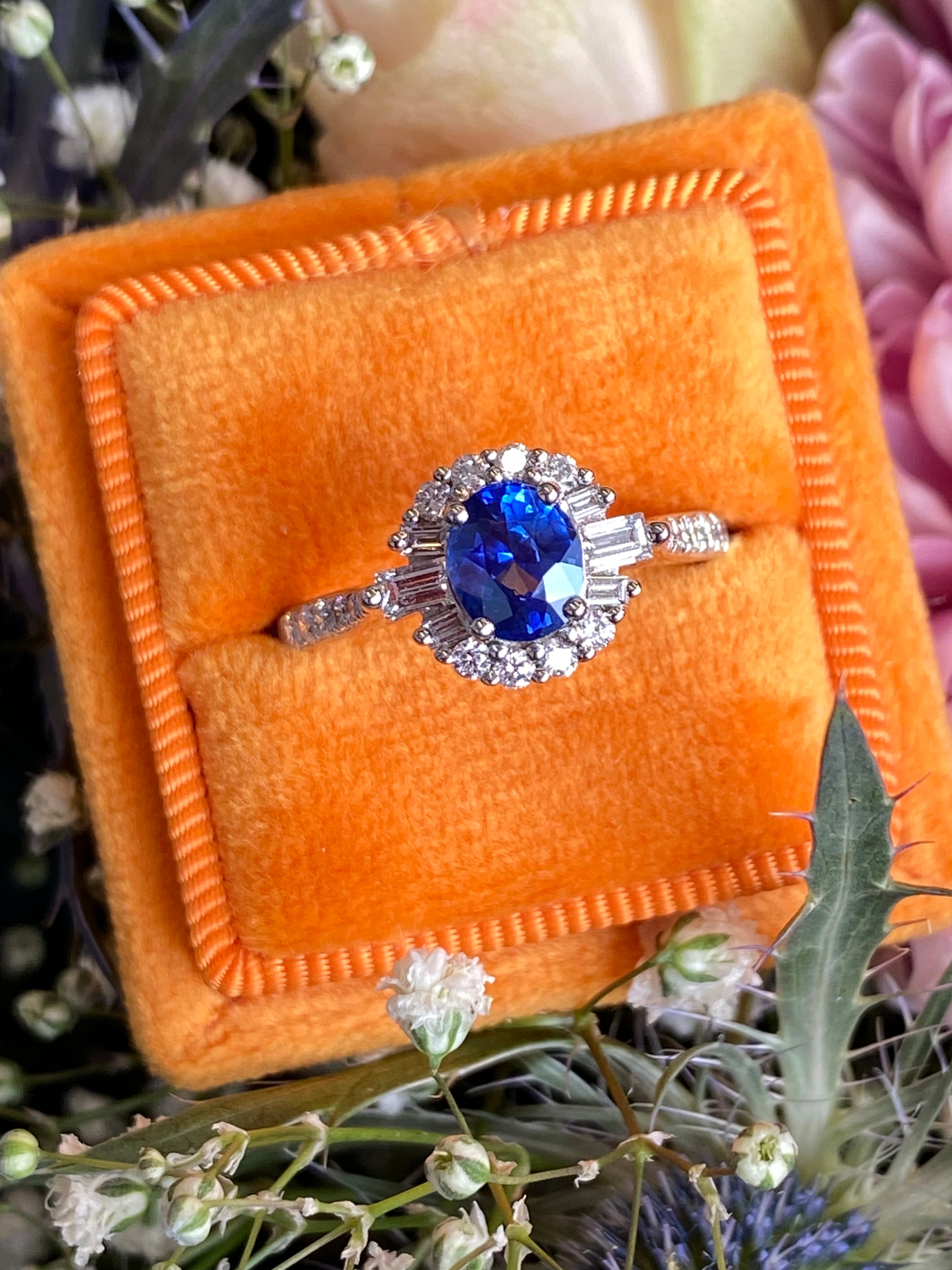 1.58 CTW Blue Ceylon Sapphire and Natural Diamond Halo Ring in Platinum
