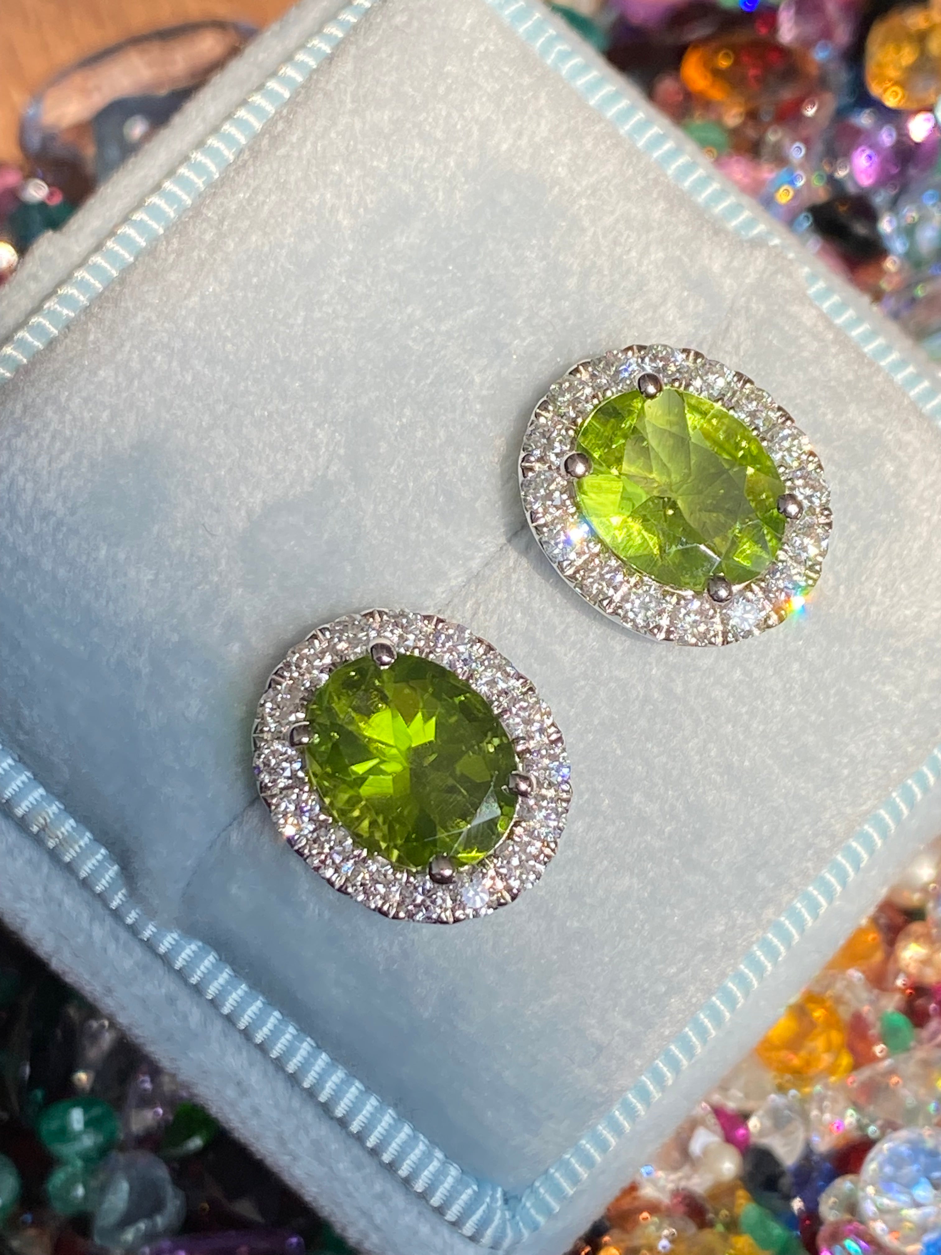 5.63 CTW Peridot and Natural Diamond Stud Earrings in 9ct White Gold