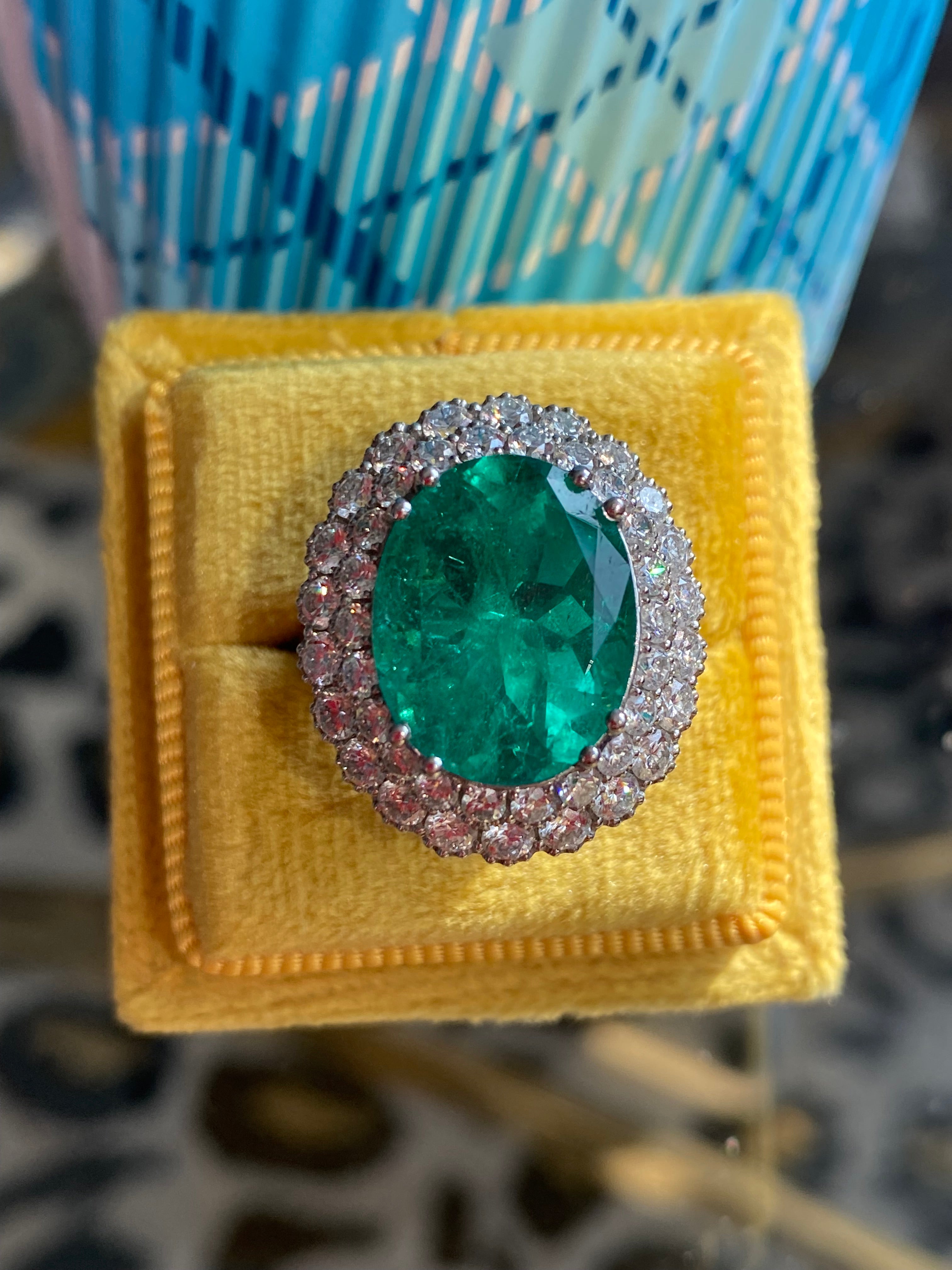 9.10 CTW Colombian Emerald and Natural Diamond Double Halo Ring in Platinum