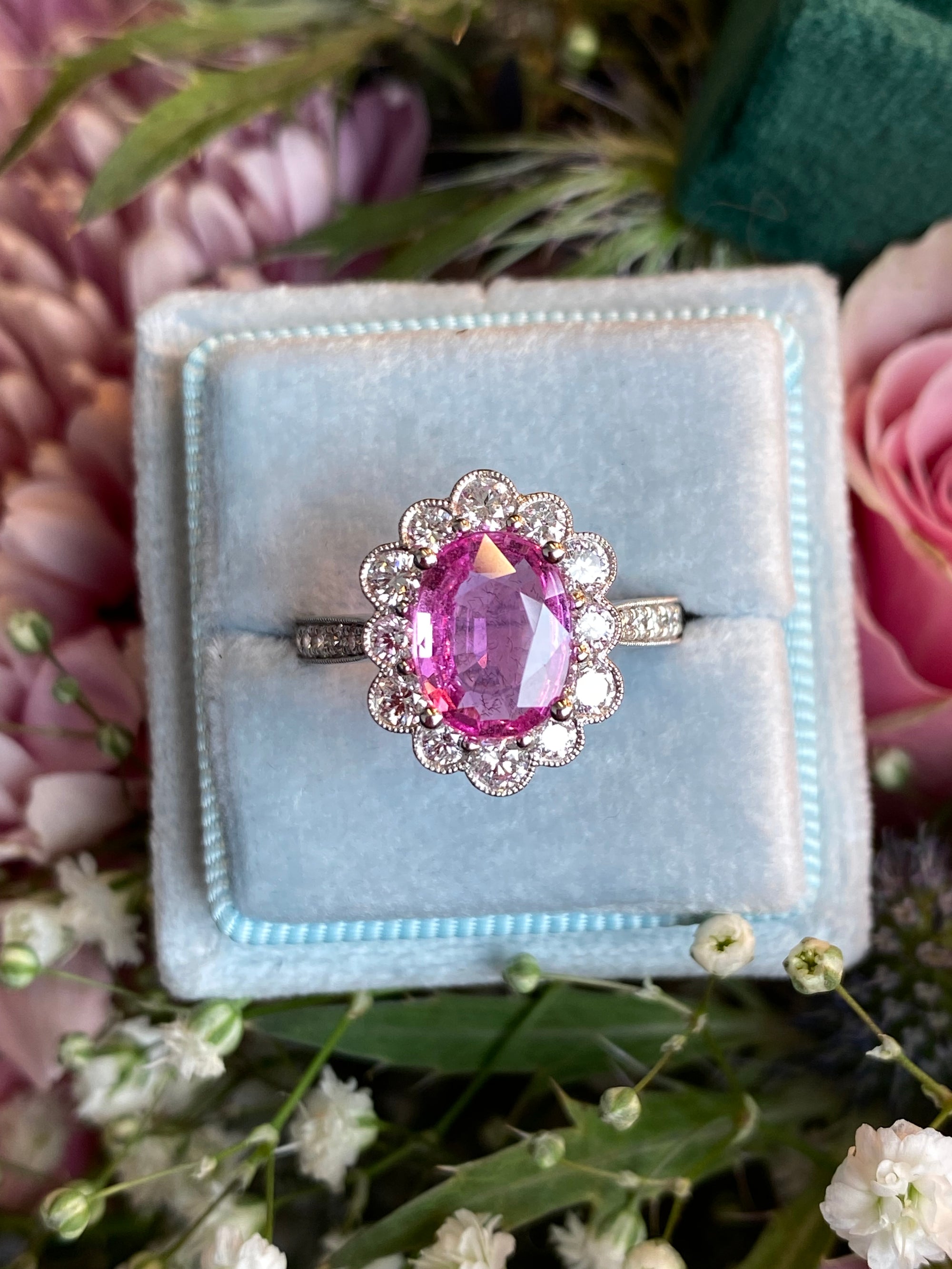 2.92 CTW Oval Cut Pink Sapphire and Natural Diamond Halo Engagement Ring in Platinum