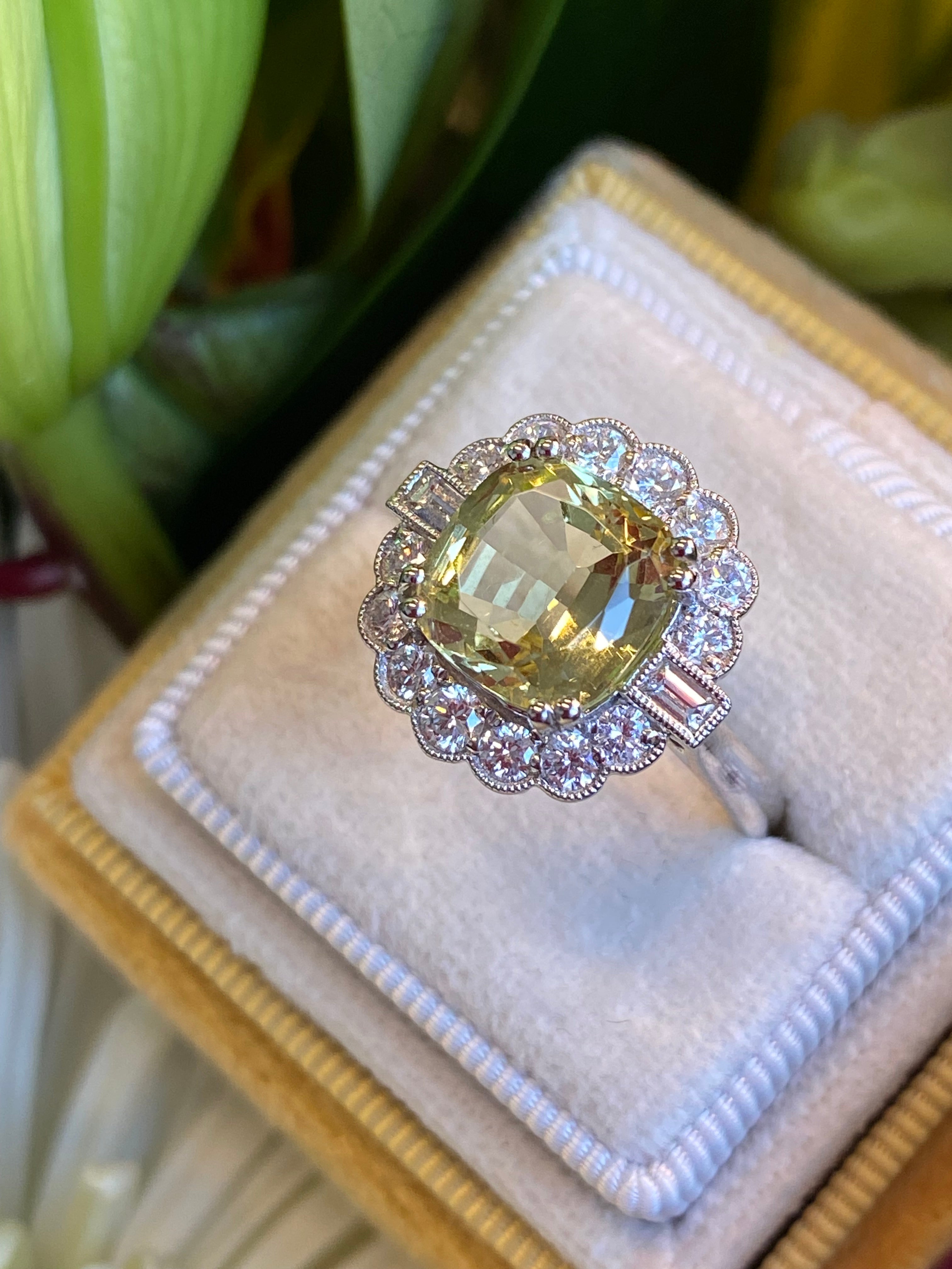 4.13 CTW Cushion Cut Yellow Aquamarine and Natural Diamond Halo Engagement Ring in Platinum