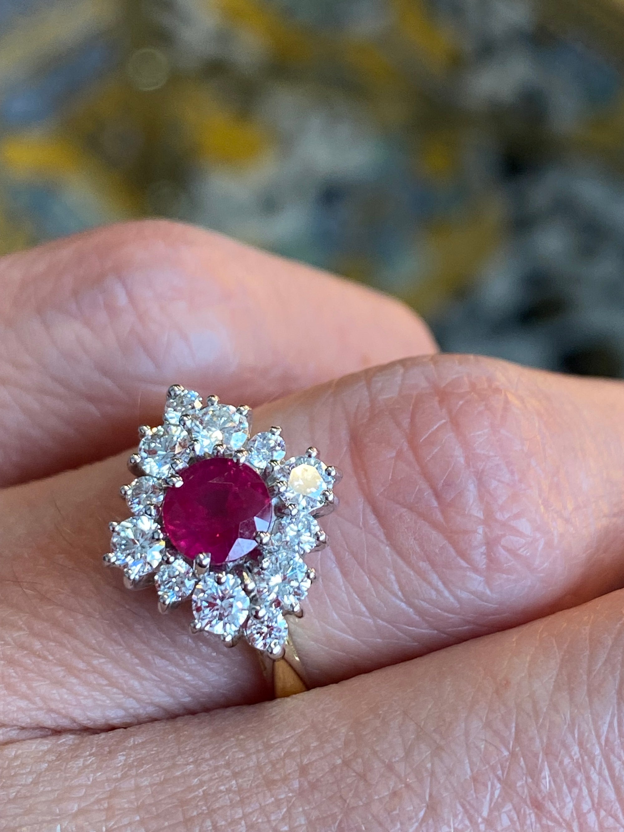 1.31 CTW Round-Cut Ruby and Natural Diamond Halo Ring in 18ct White and Yellow Gold