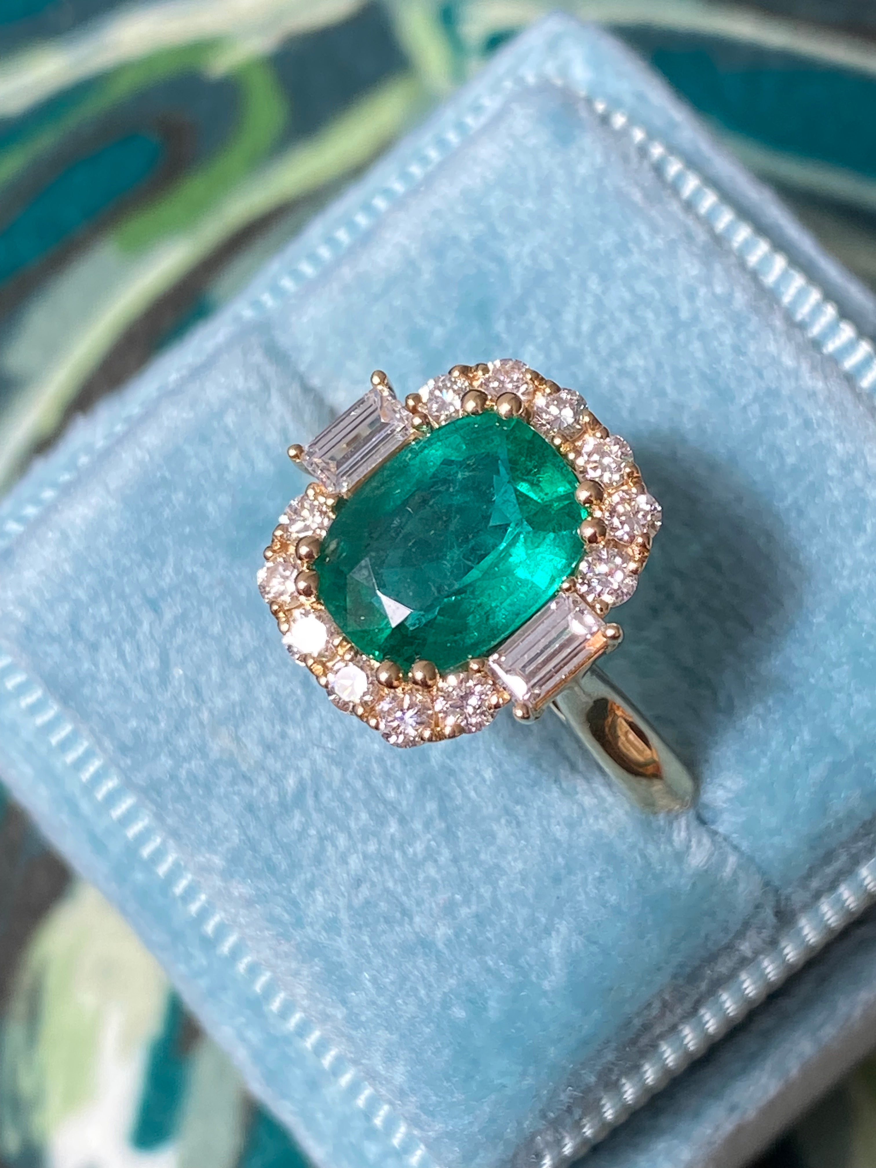 2.59 CTW Cushion Cut Emerald and Natural Diamond Halo Ring in 18ct Yellow Gold