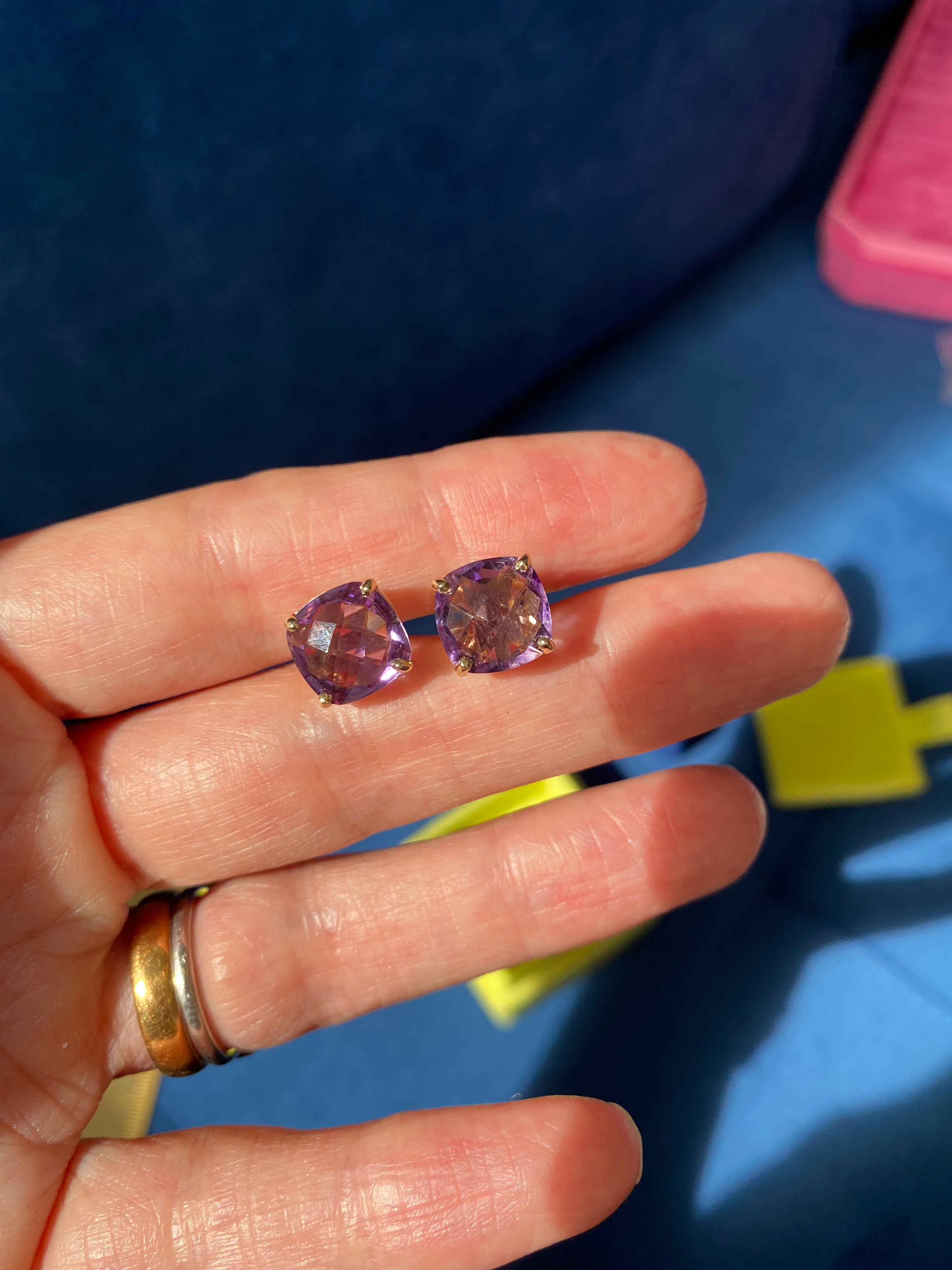 Cushion Chequerboard Cut Rose De France Amethyst Stud Earrings in 9ct Yellow Gold