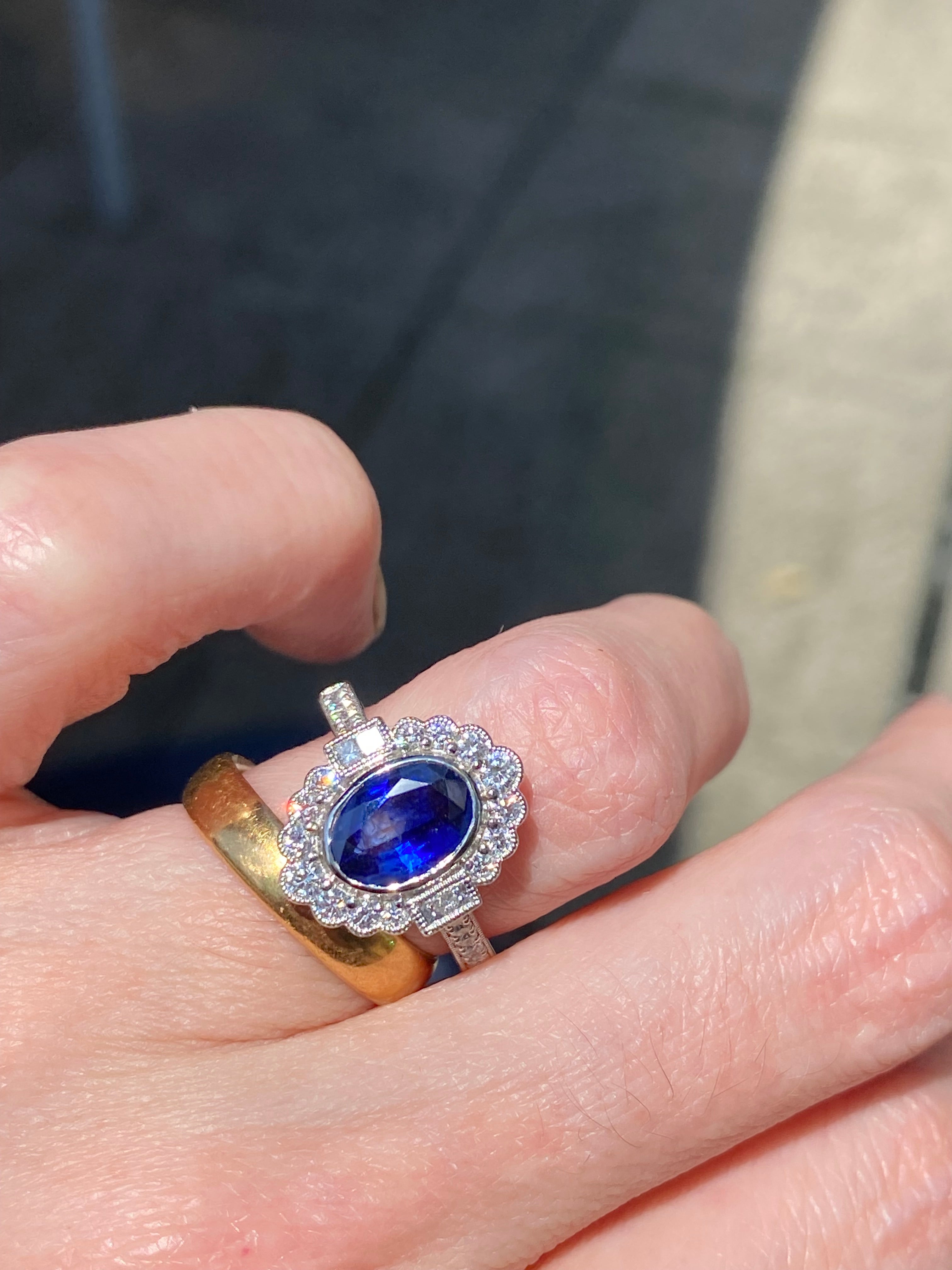 1.95 Carat Blue Ceylon Sapphire and Natural Diamond Halo Ring in Platinum
