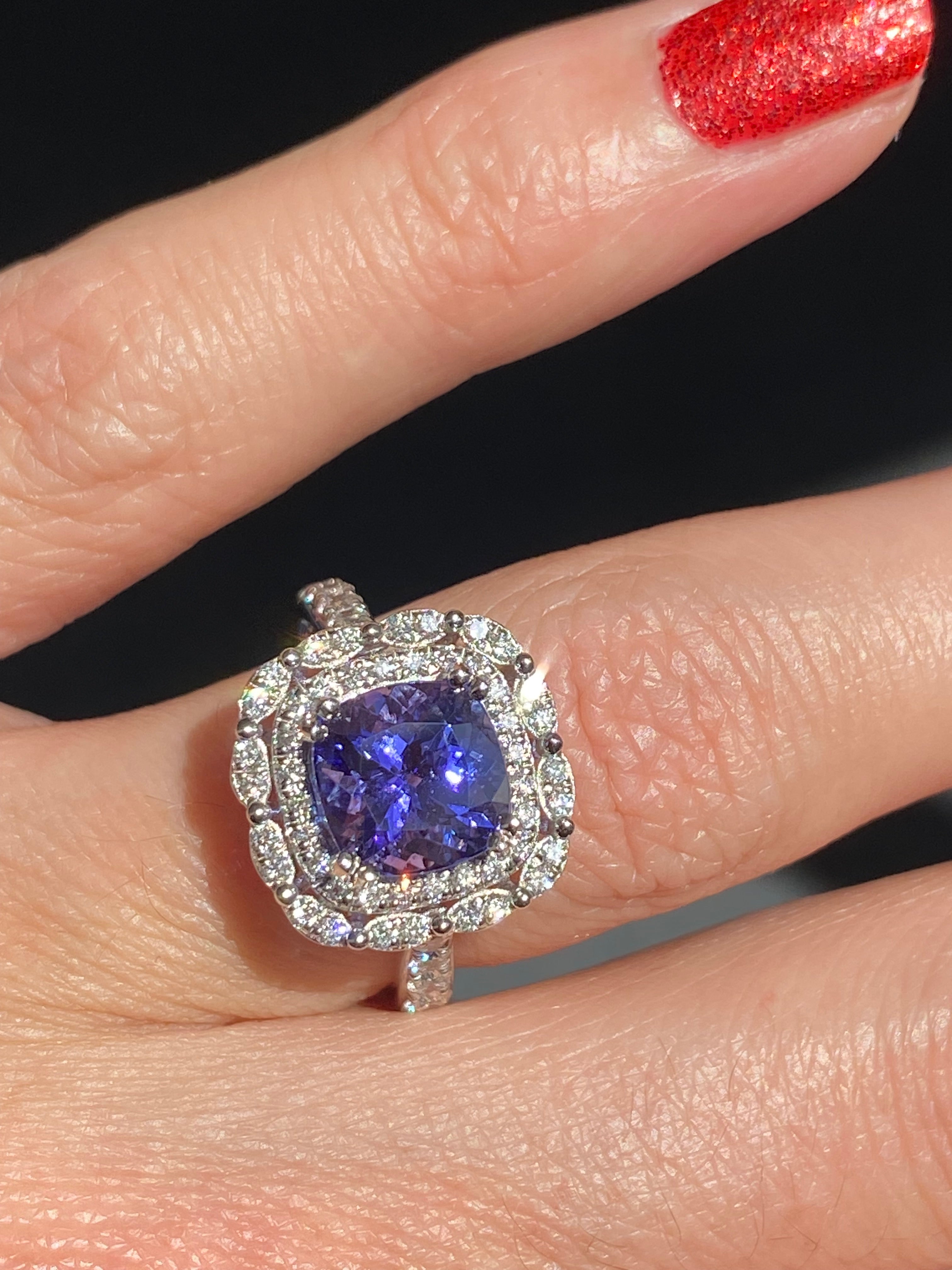 2.36 Carat Cushion Cut Tanzanite and 0.71 ctw Natural Diamond Ring in Platinum