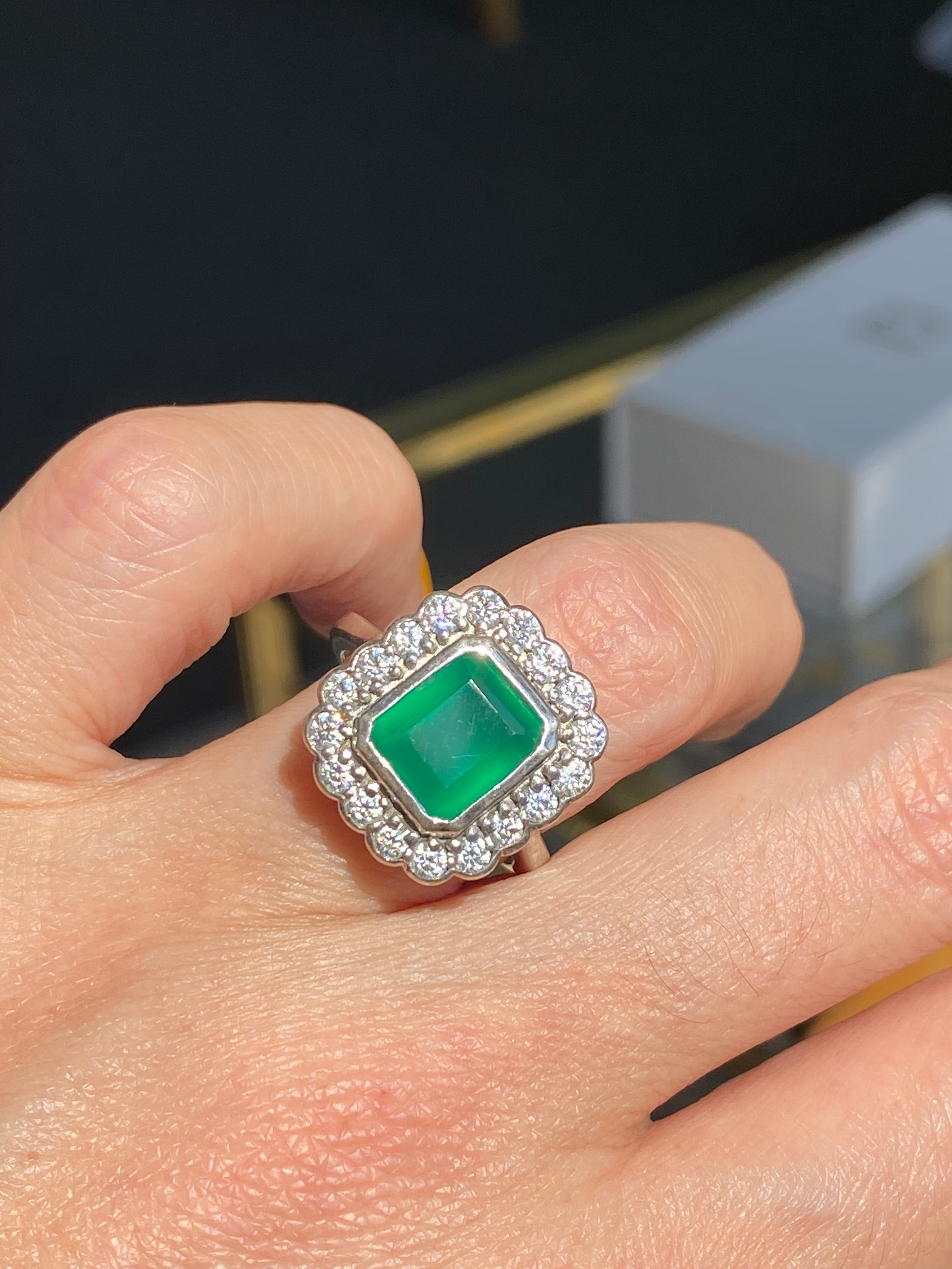 4.25 CTW Emerald Cut Green Onyx and Moissanite Halo Cocktail Ring in Sterling Silver