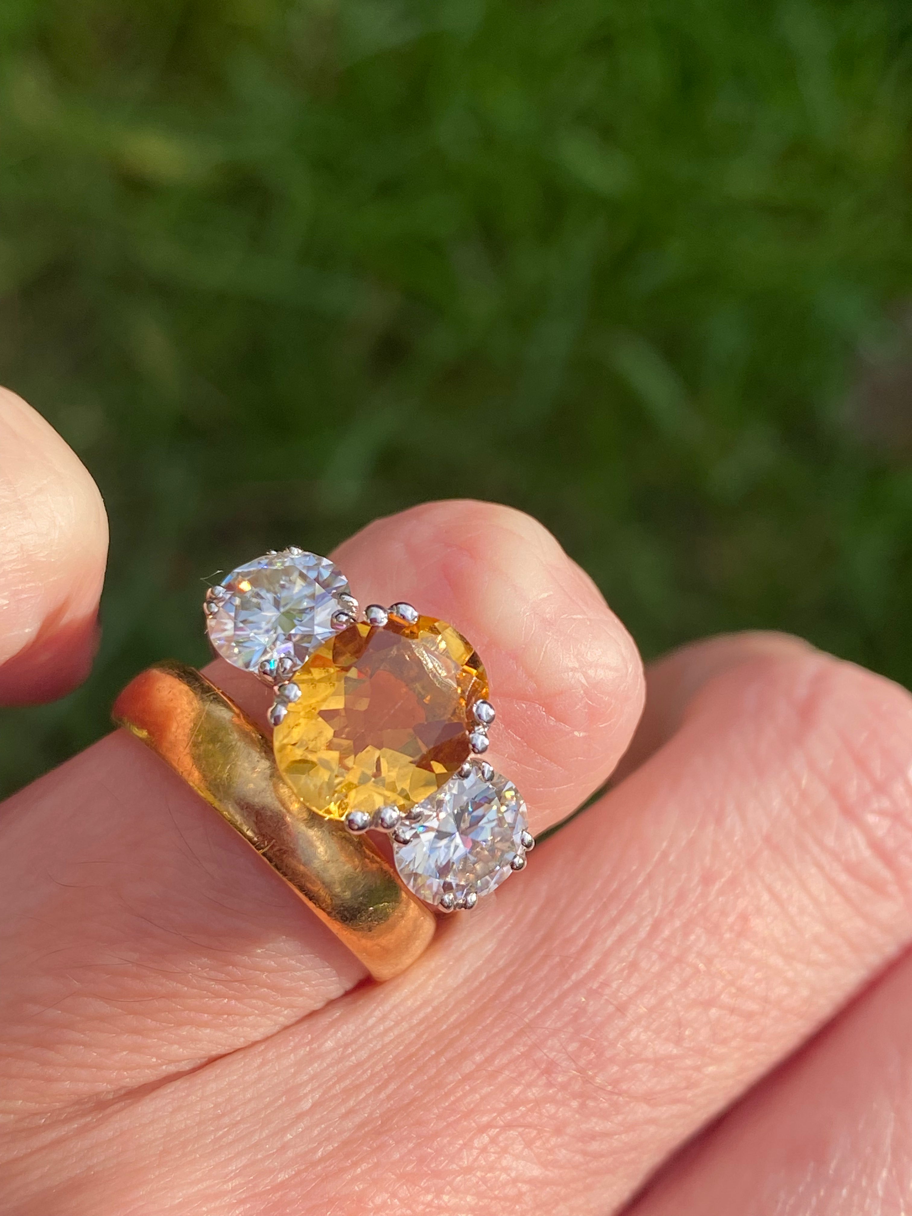 2.57 Carat Citrine and 1.84 Carat Moissanite Three Stone Ring in Sterling Silver