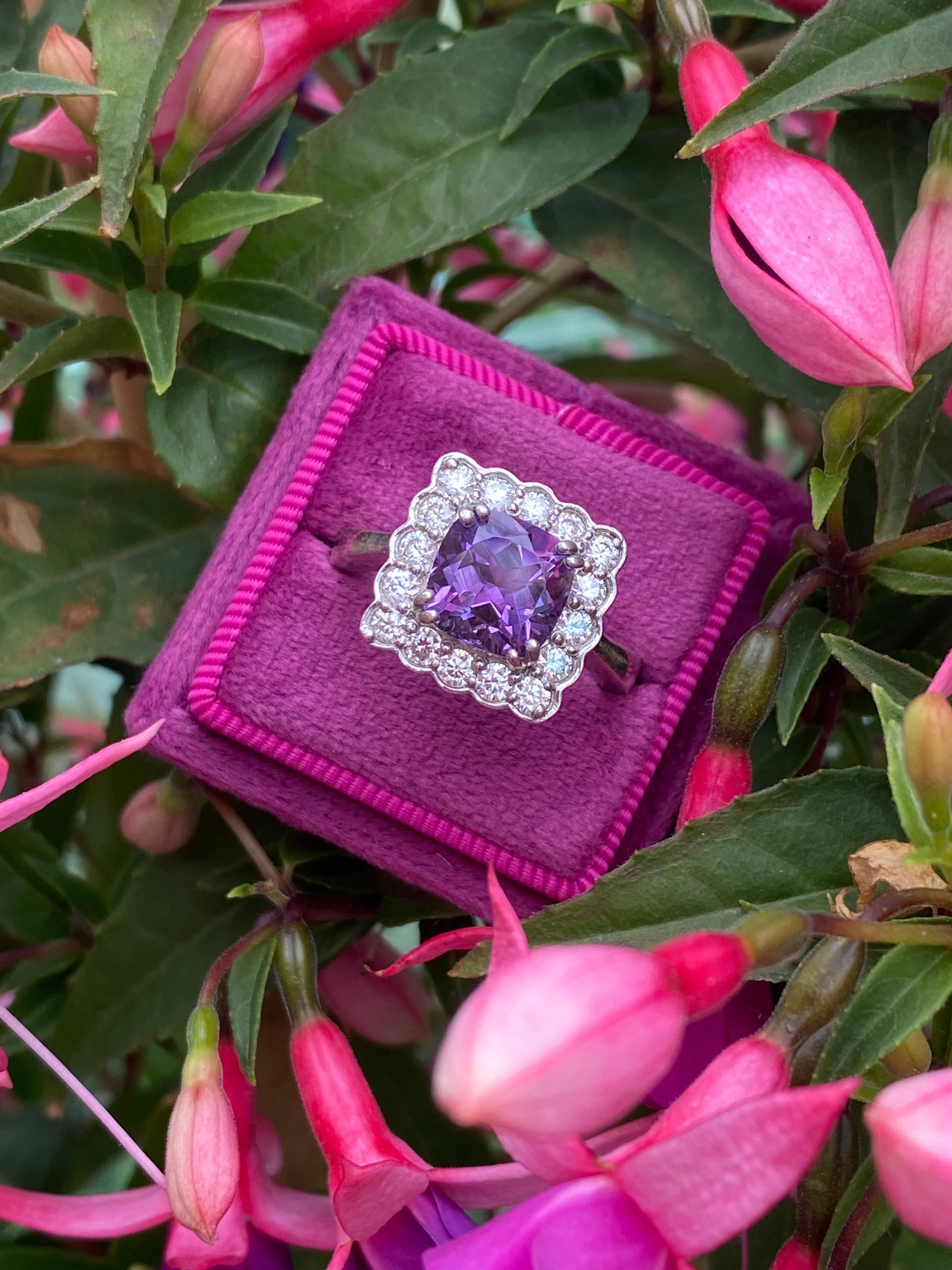 4.29 CTW Cushion Cut Amethyst and Moissanite Halo Cocktail Ring in Sterling Silver