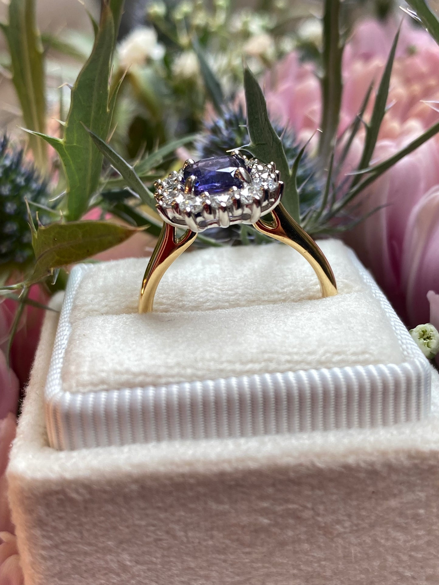1.31 Carat Purple Sapphire and 0.60ctw Natural Diamond Halo Ring in Platinum and 18ct Gold