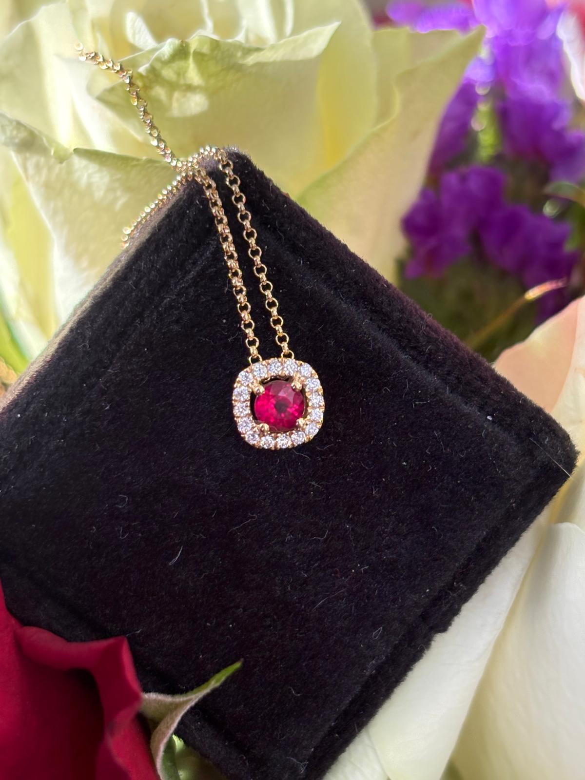 Beautiful Round Cut Certified Ruby and Natural Diamond Pendant Necklace in 18ct Yellow Gold