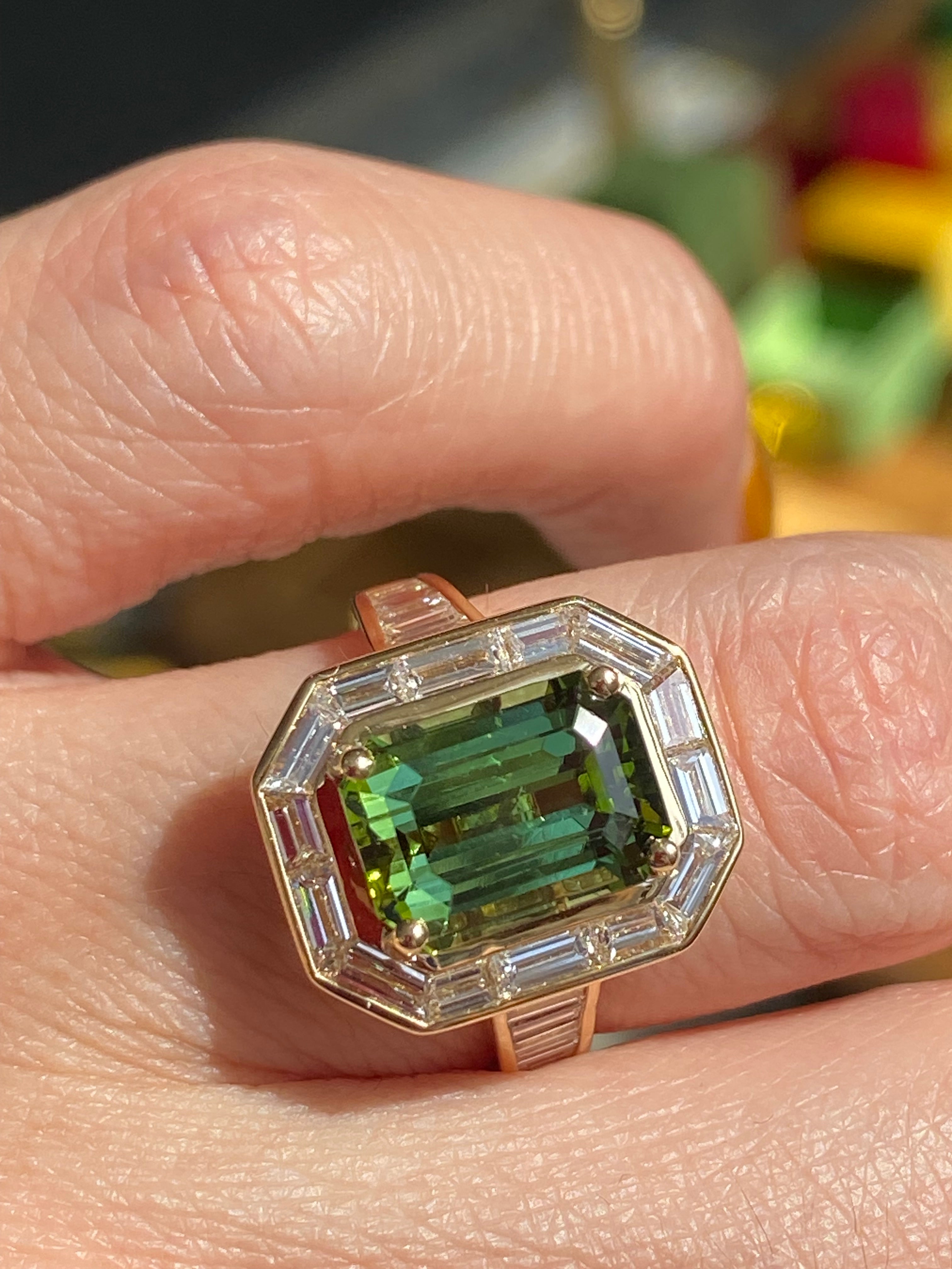 3.85 Carat Green Tourmaline and 1.84ctw Natural Diamond Ring in 18ct Yellow Gold